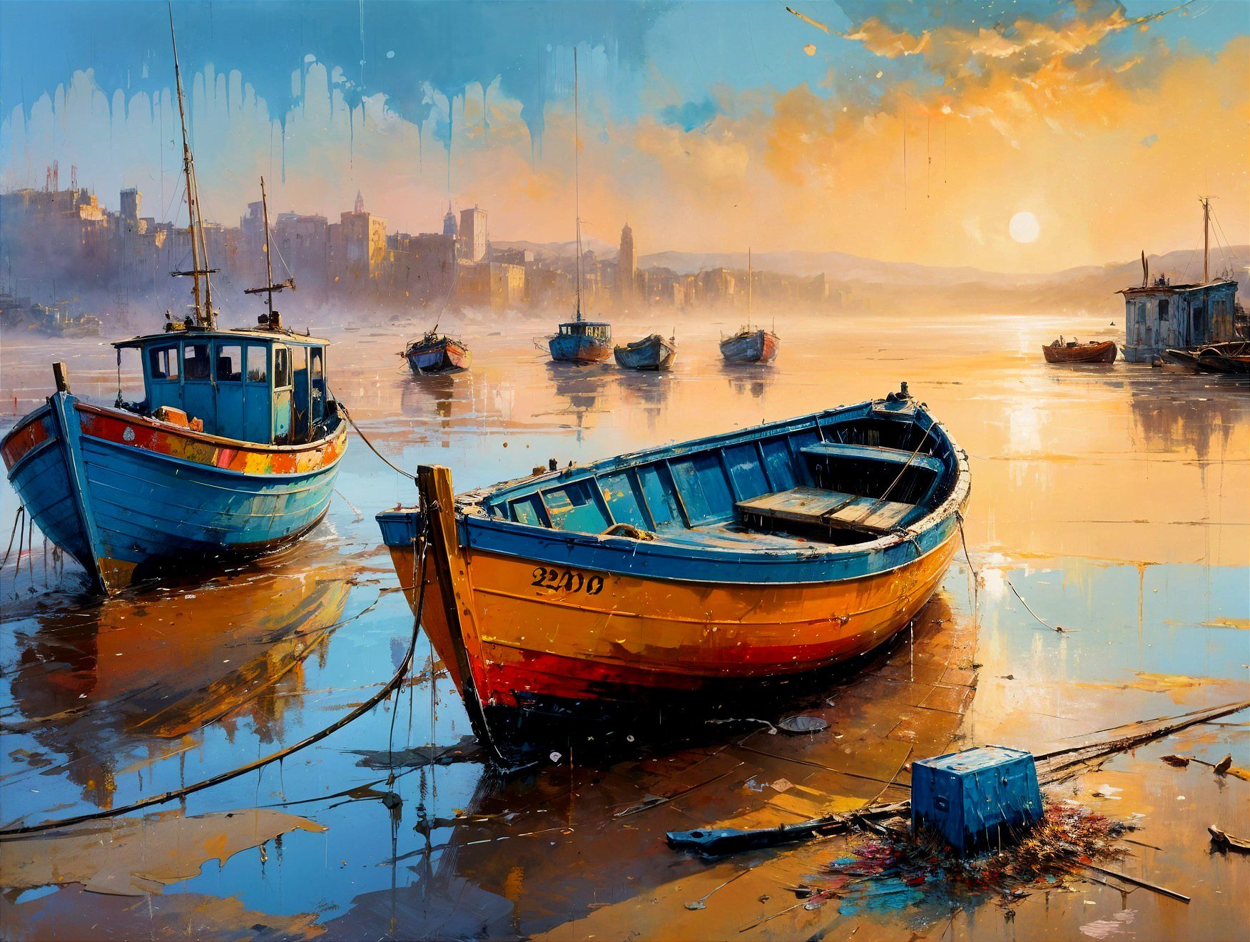 Tranquil Waterfront Scene at Dawn with Colorful Boats