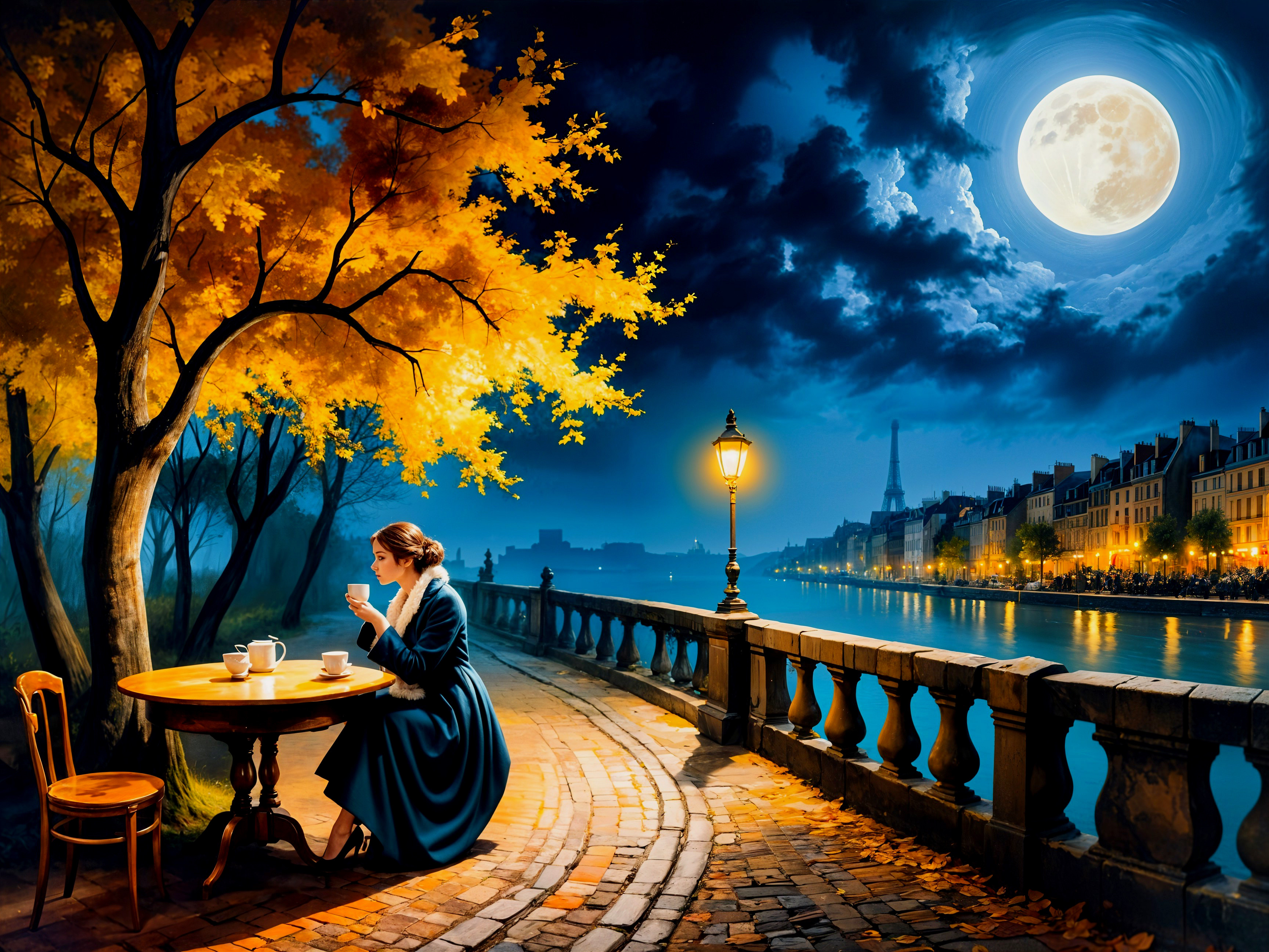 Serene Paris Evening by River with Moonlight and Eiffel Tower