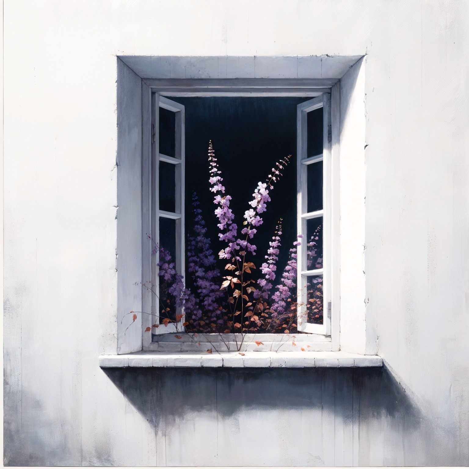 Serene Window with Purple Flowers Against White Wall