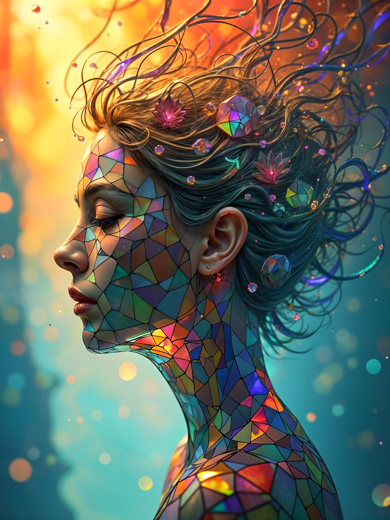 Colorful Mosaic Profile of a Woman with Ethereal Elements