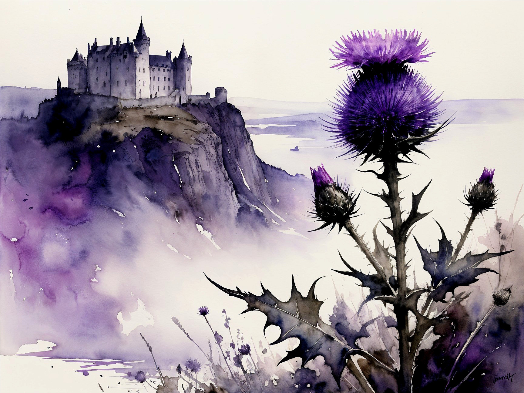 Castle on a Cliff with Thistle and Misty Background