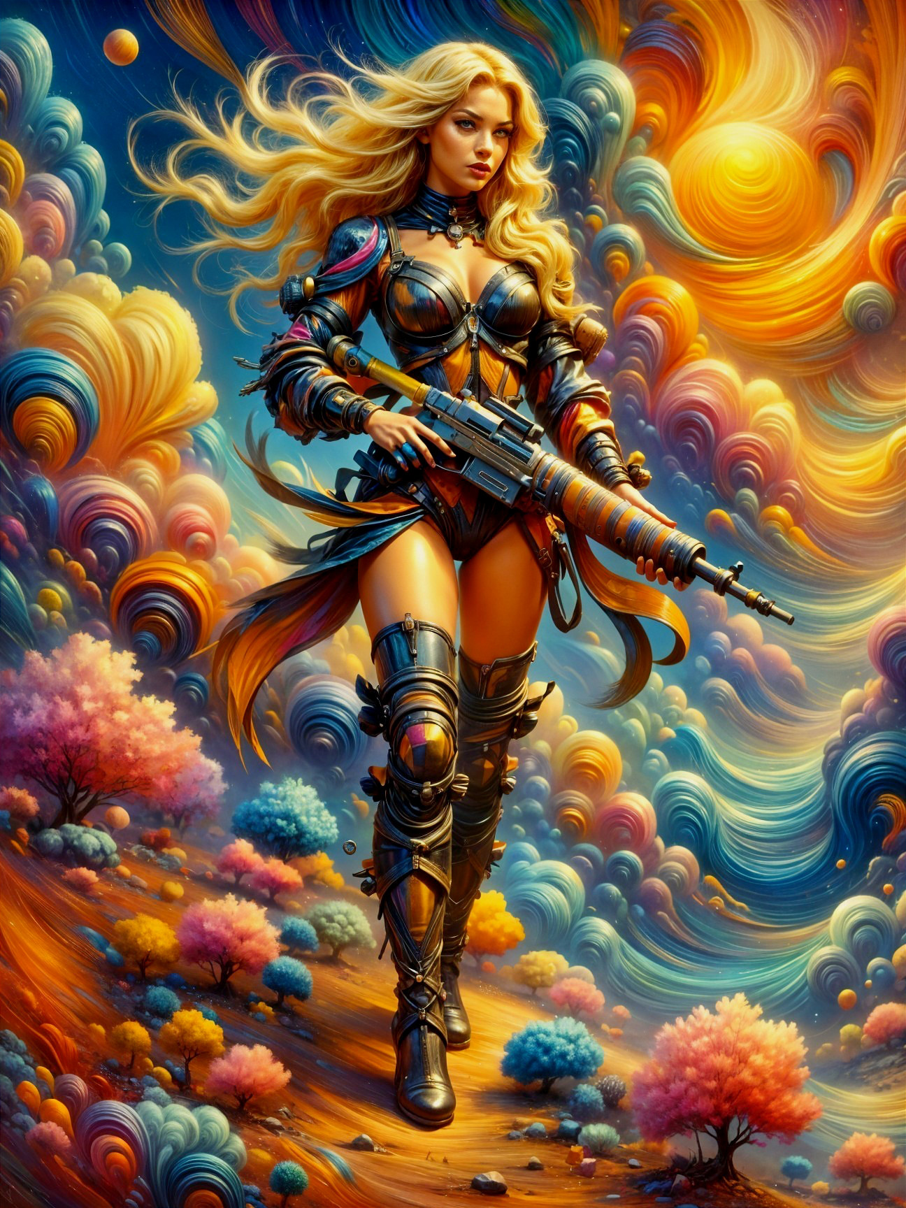 Surreal Landscape Featuring a Confident Female Warrior