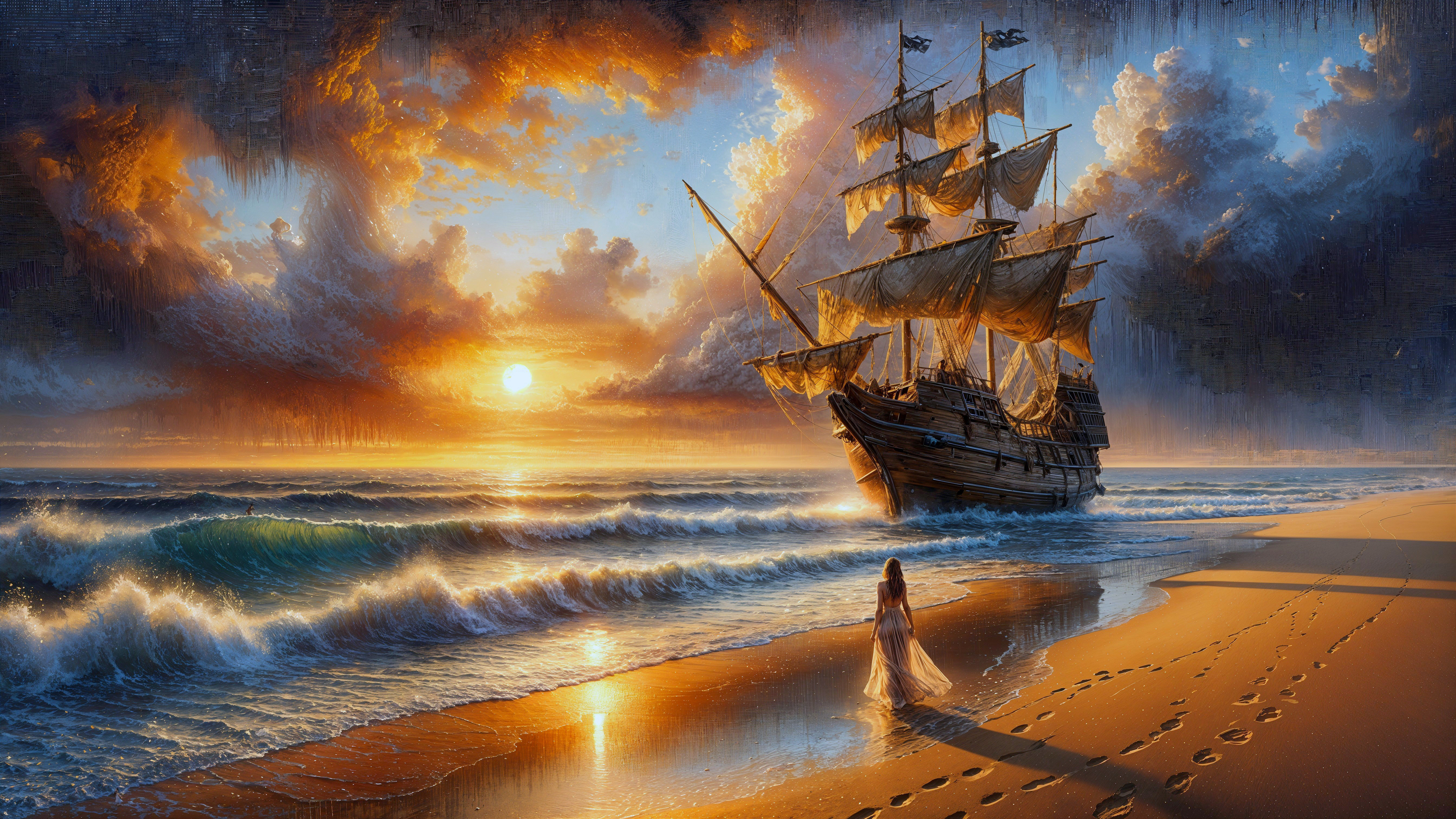 Serene Beach Sunset with Vibrant Clouds and Ship