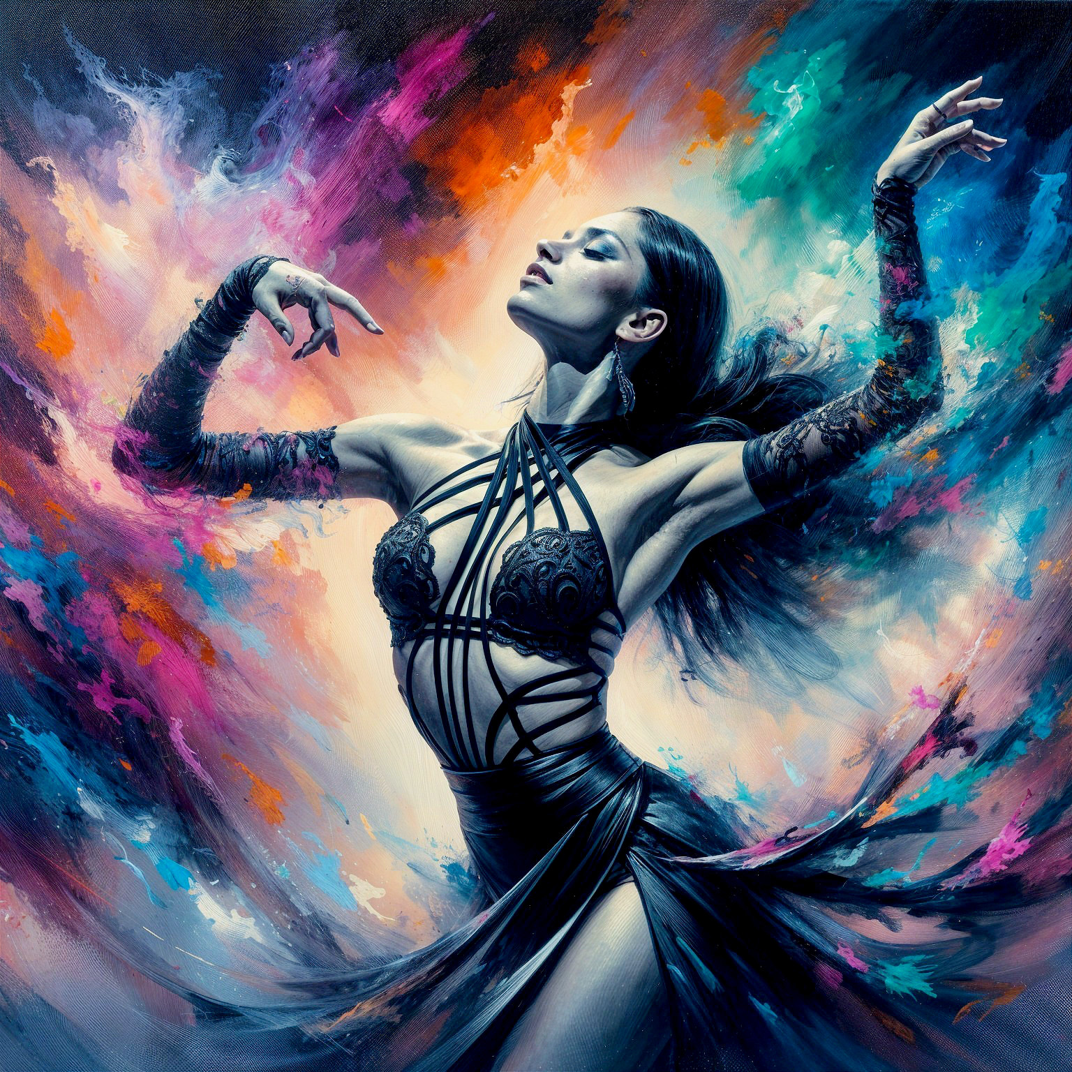 Graceful dancer in a swirling composition of colors
