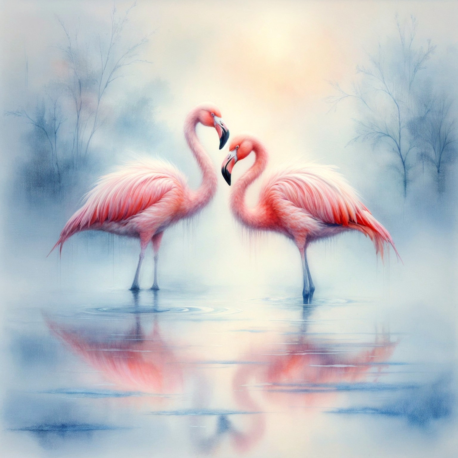 Flamingos in a Misty Landscape with Reflective Water