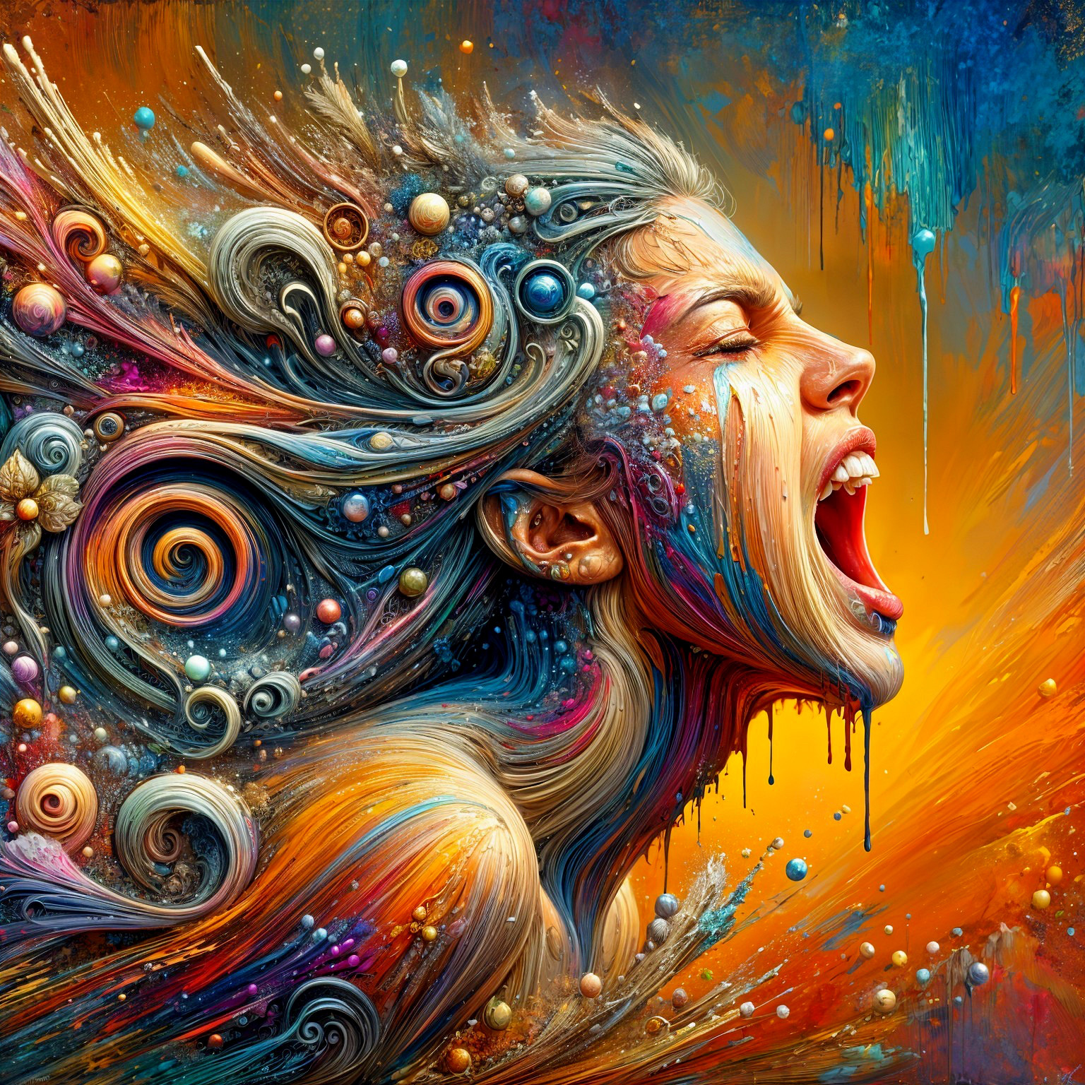 Vibrant Artwork of a Woman's Emotional Face and Hair
