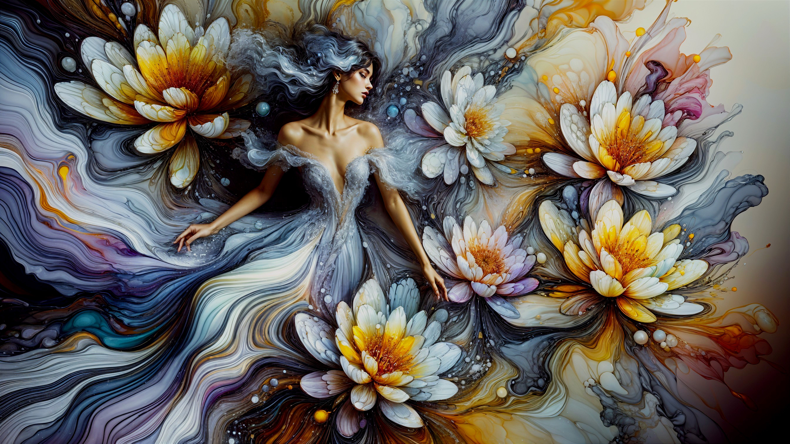 Surreal Scene of Woman Intertwined with Flowers