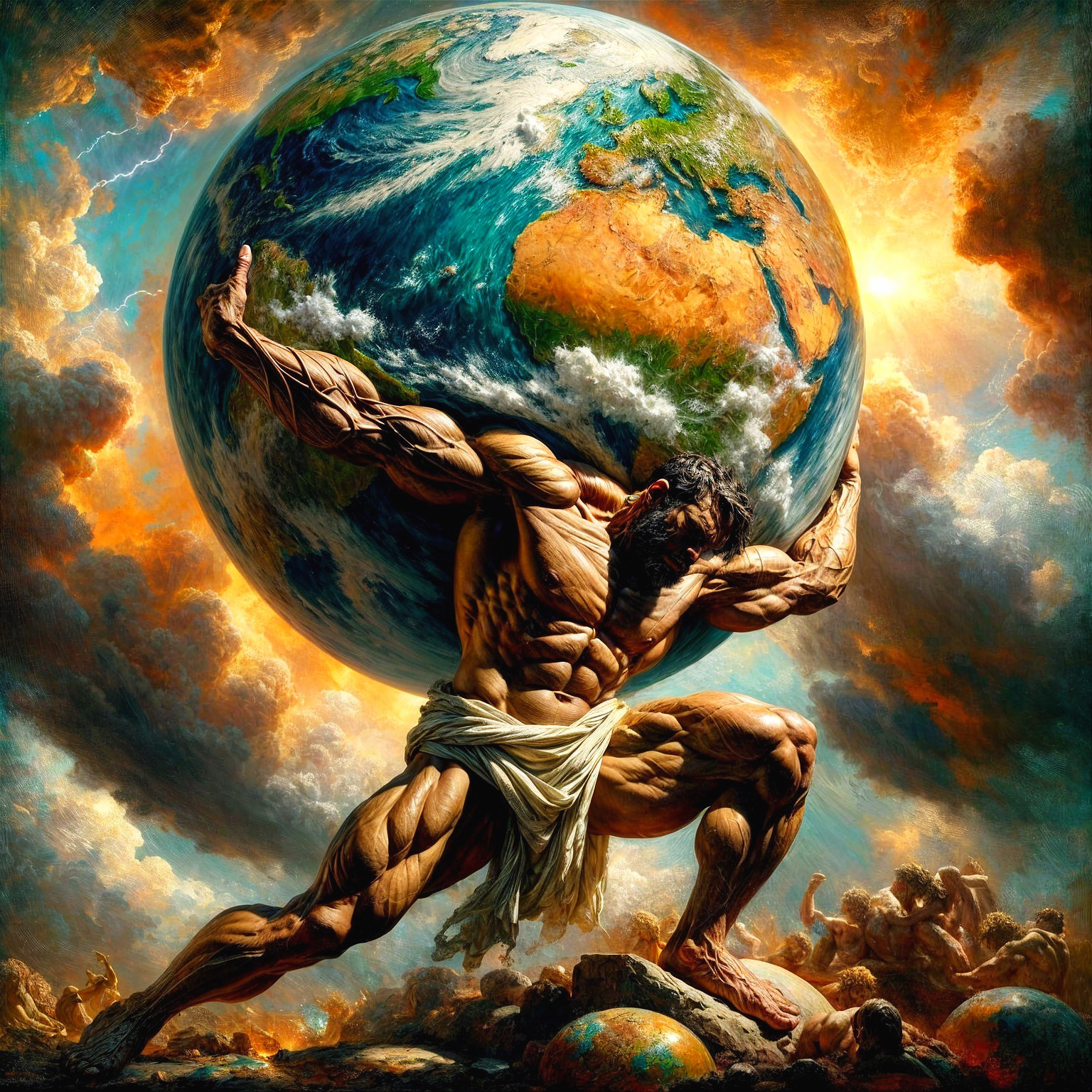 Classical Deity Bearing Earth's Weight Against Sunset
