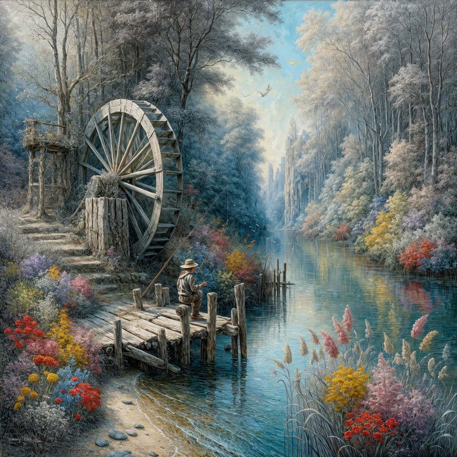 Serene Landscape with Water Wheel and Fisherman