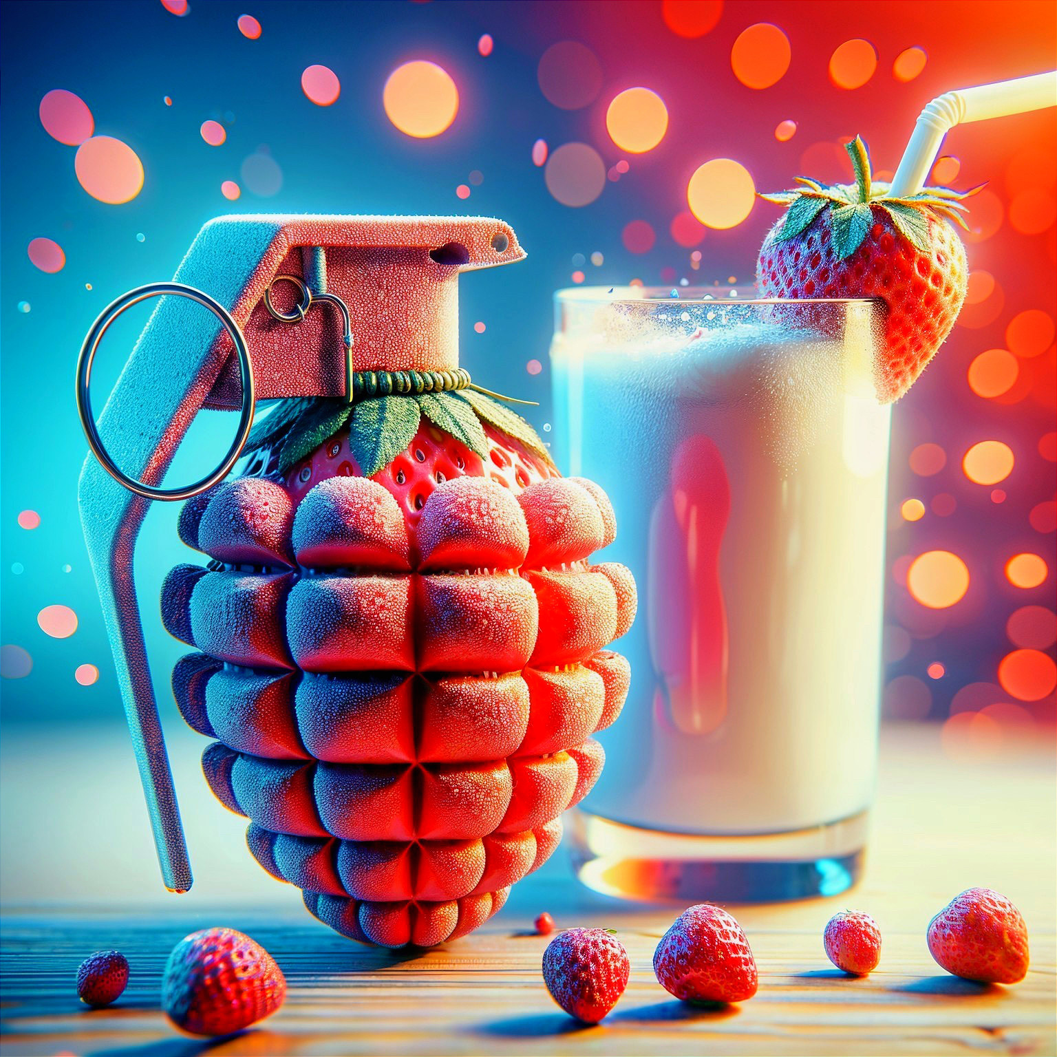 Raspberry-Shaped Grenade with Milk and Strawberries