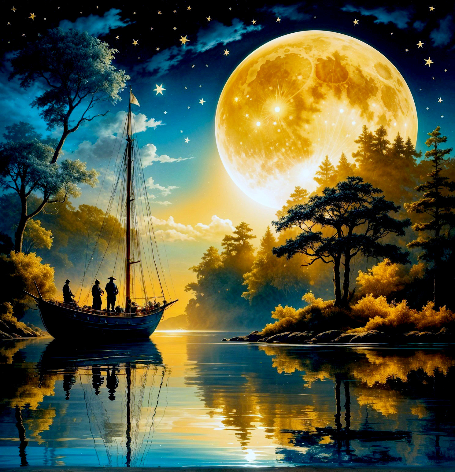 Serene Nighttime Landscape with Full Moon and Sailboat