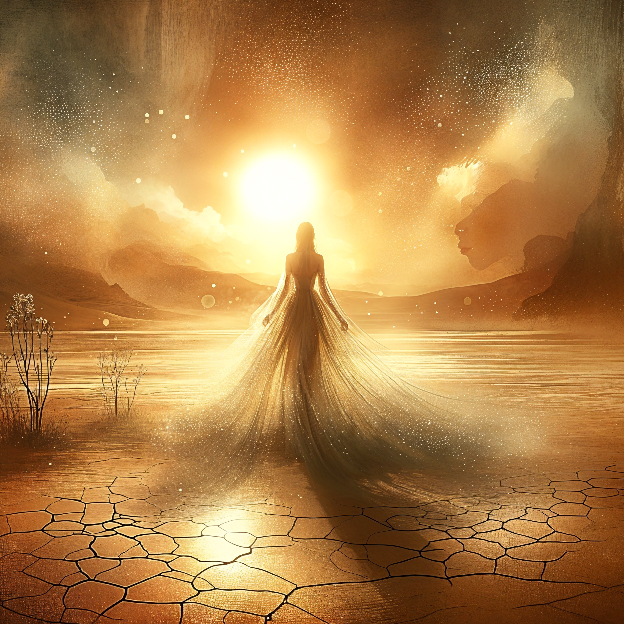 Serene figure at sunset by a dry lakebed
