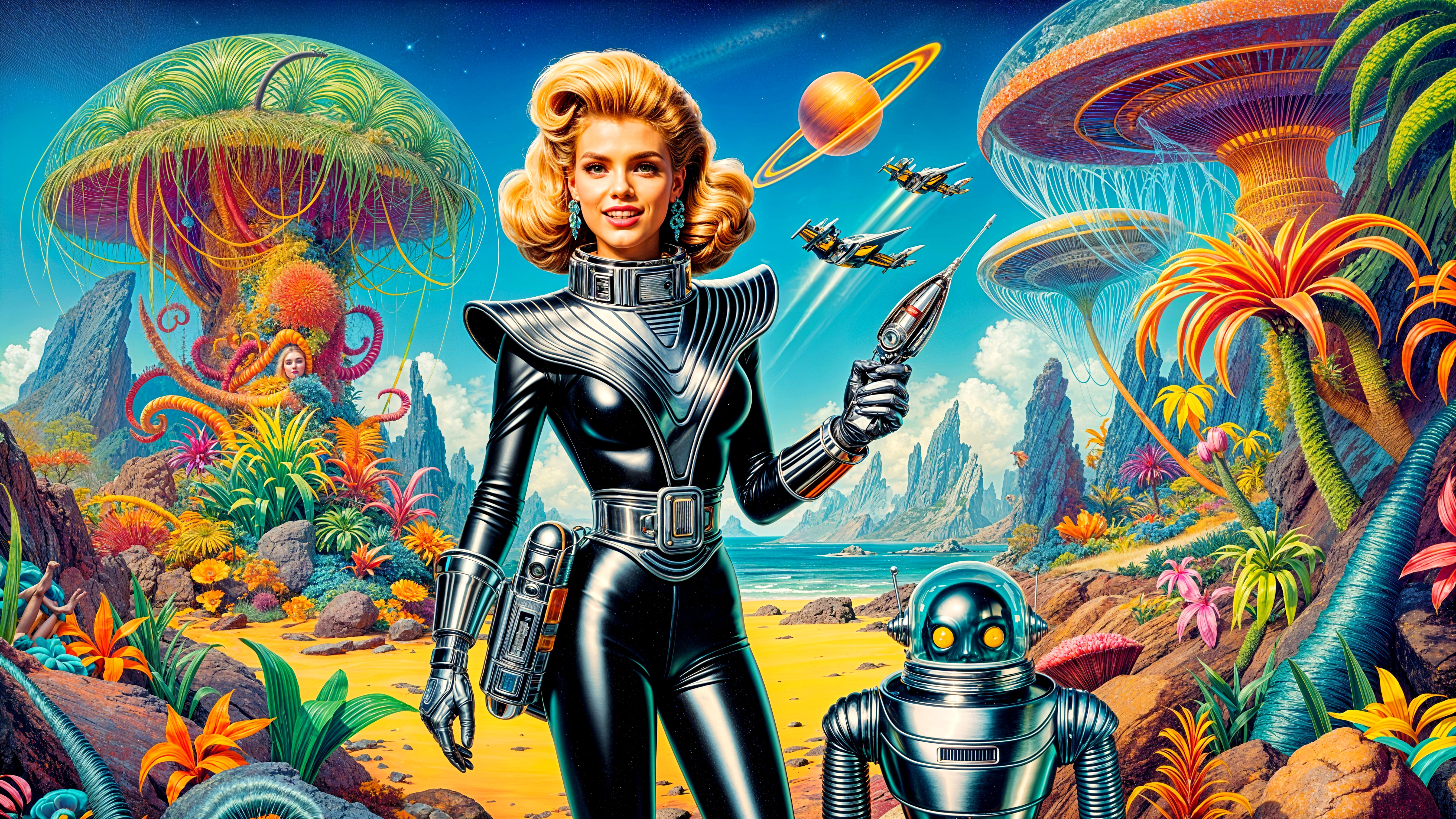 Futuristic Woman in Black Spacesuit in Alien Landscape