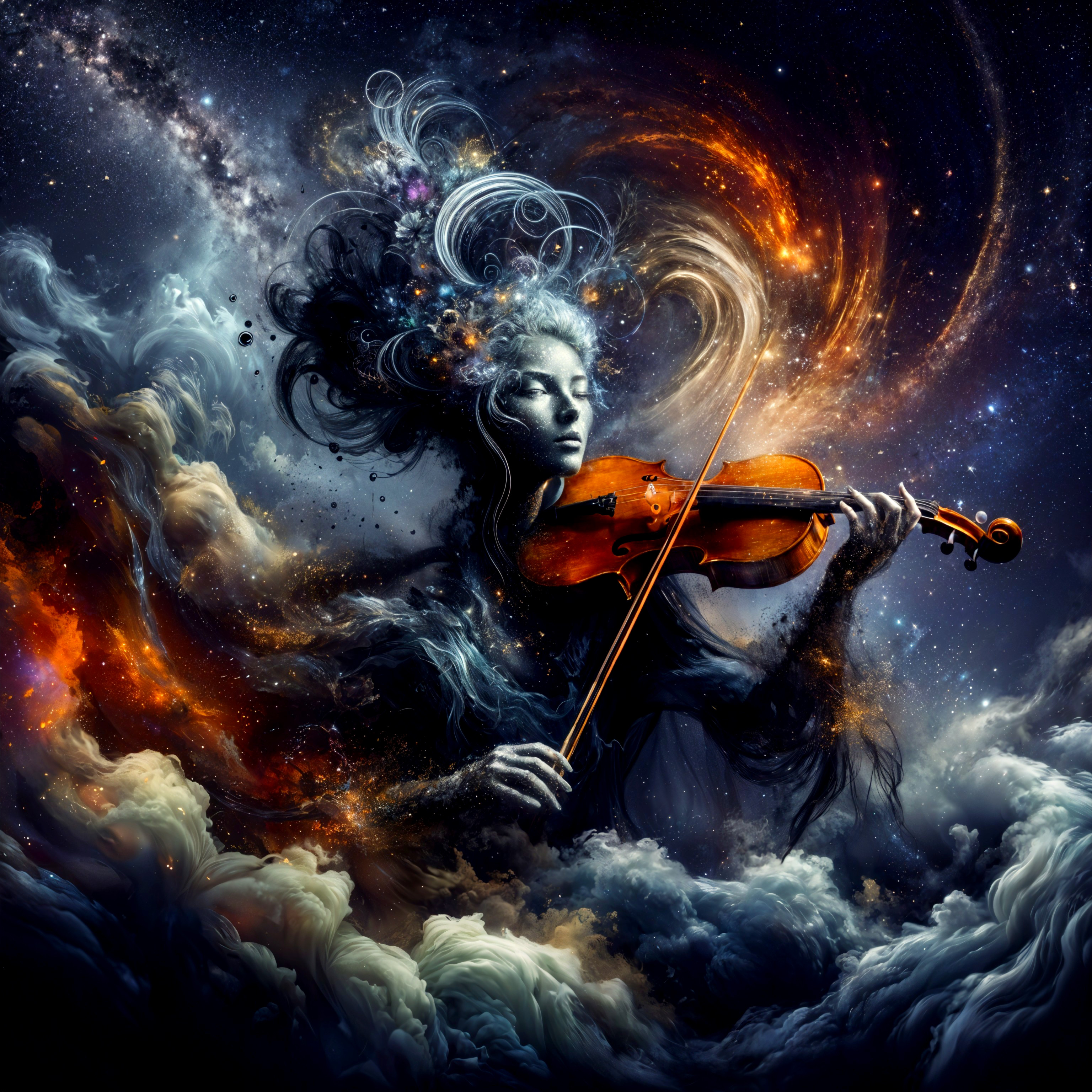 Mystical Figure Playing Violin in Cosmic Scene