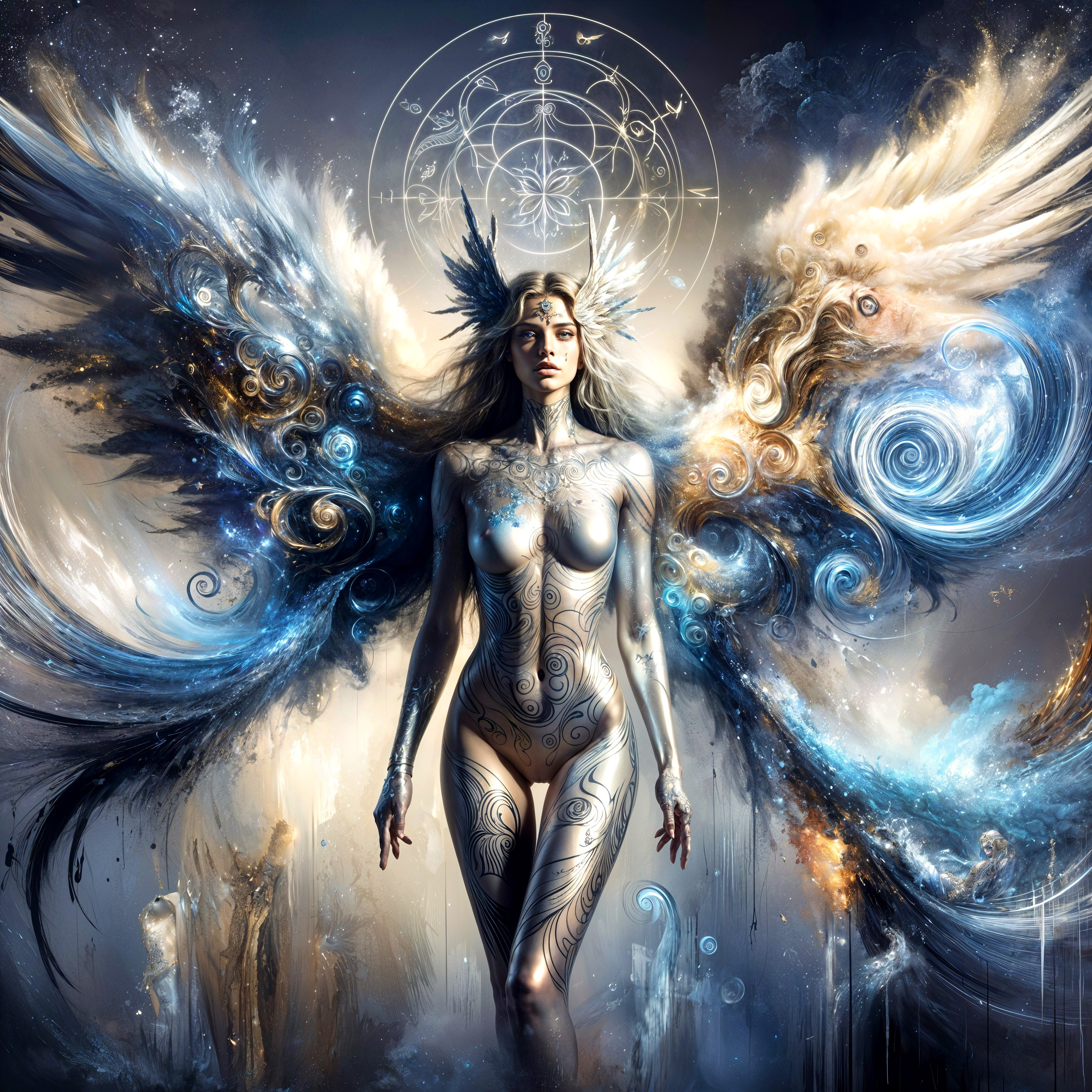 Mystical Figure Surrounded by Cosmic Elements and Symbols