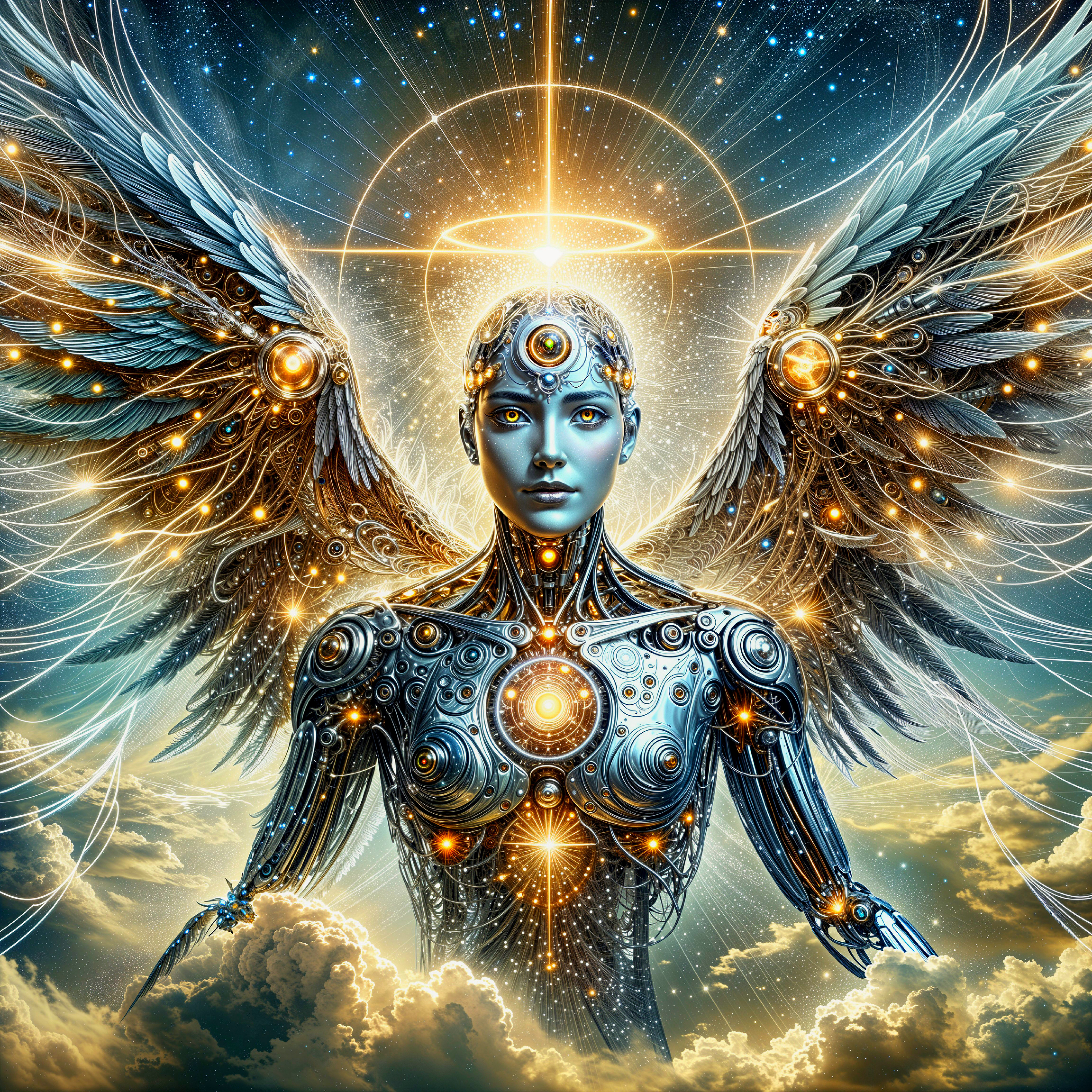 Futuristic Angelic Figure with Metallic Wings and Light