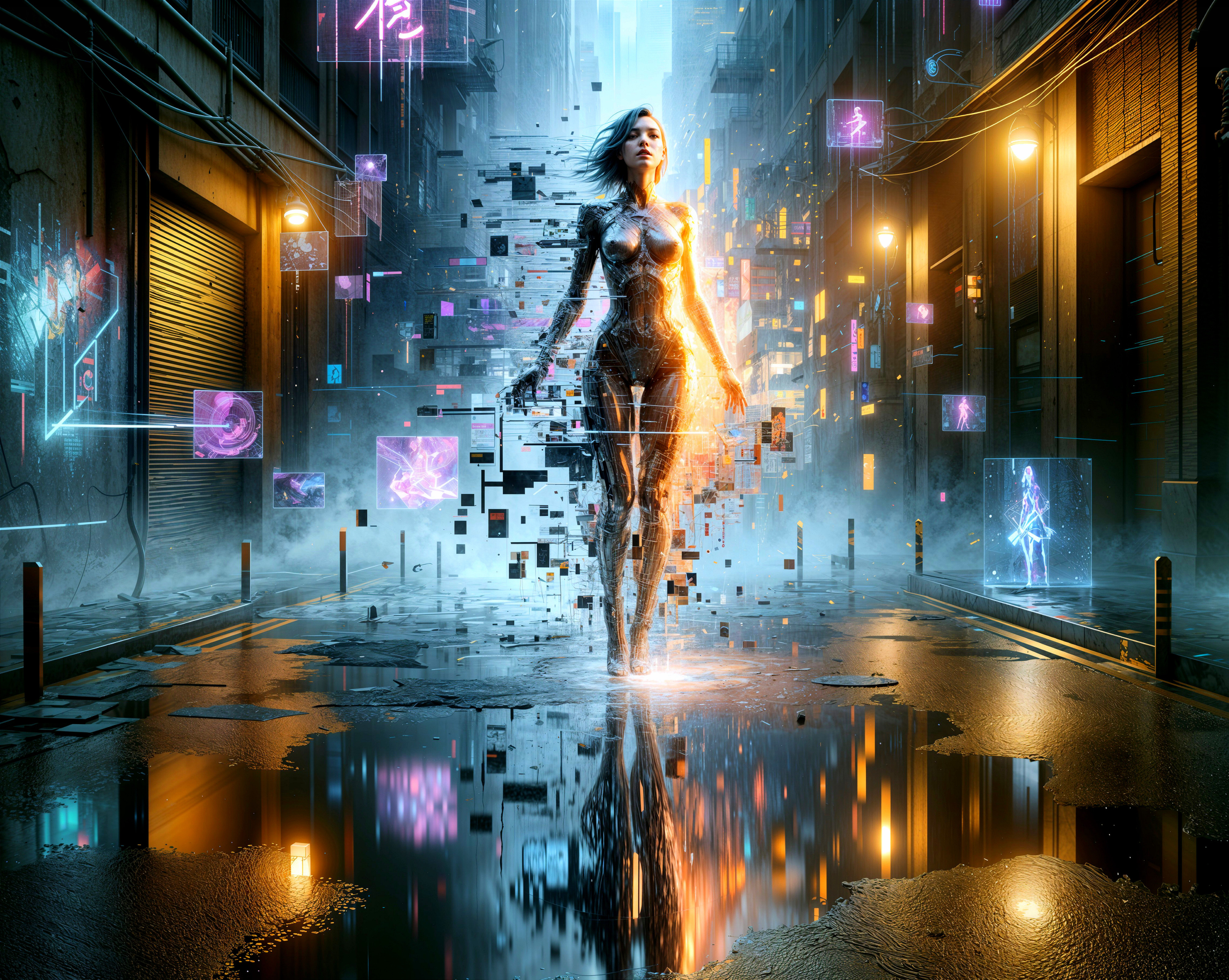 Futuristic cityscape with neon lights and digital figure