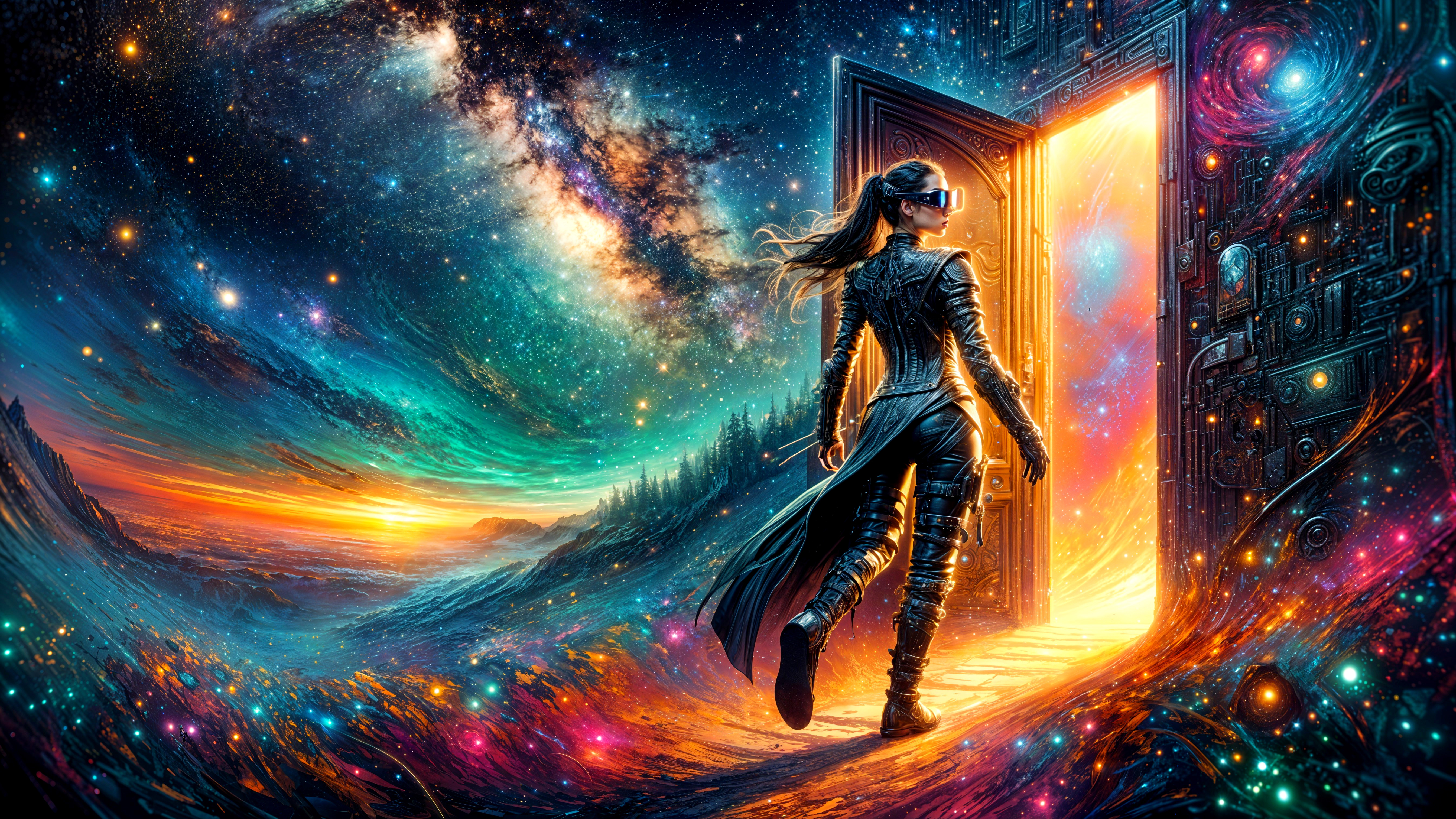 Futuristic figure at glowing doorway in cosmic landscape
