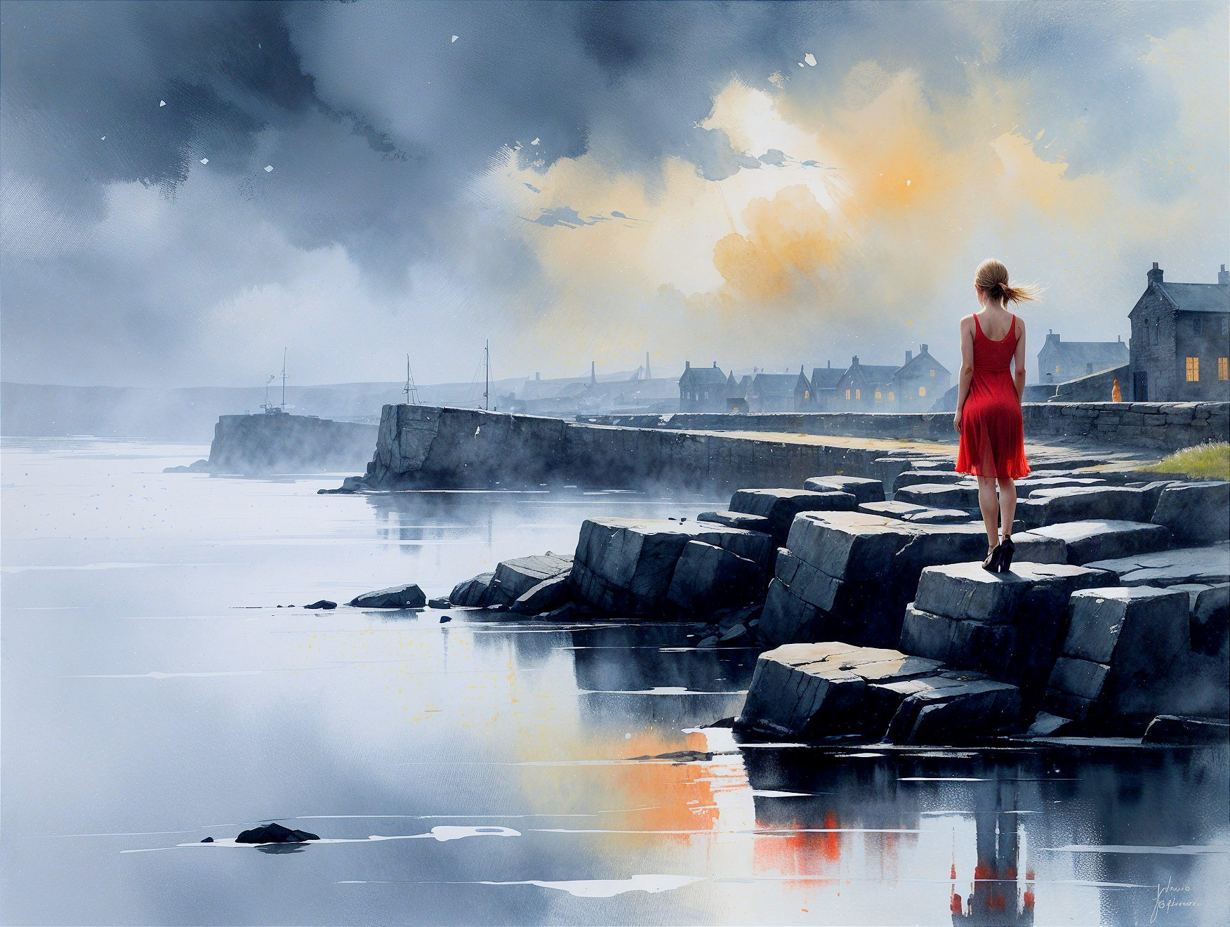 Solitary Figure in Red Dress at Sunset on Jetty