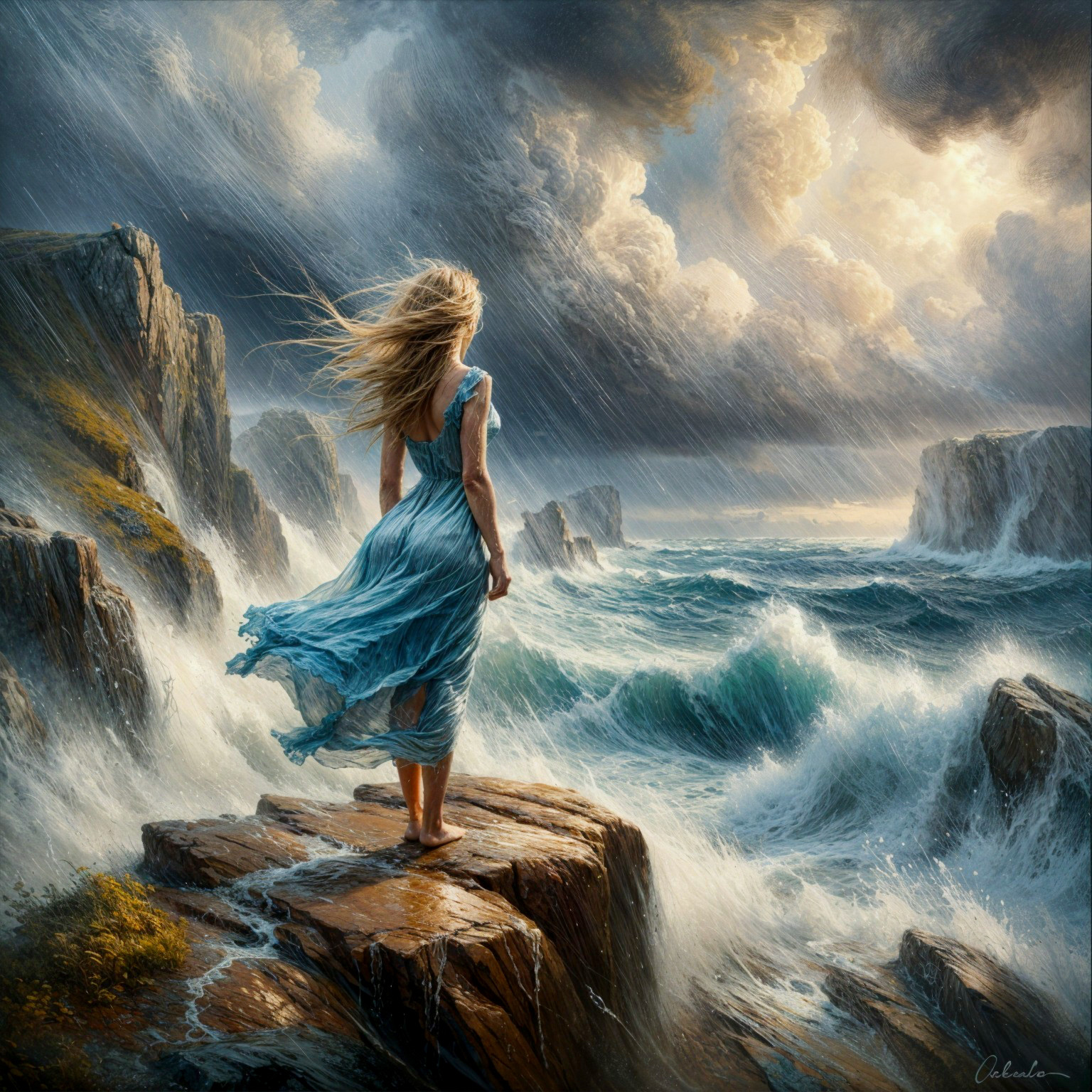 Lone Figure in Blue Dress on Rocky Cliffs by Sea