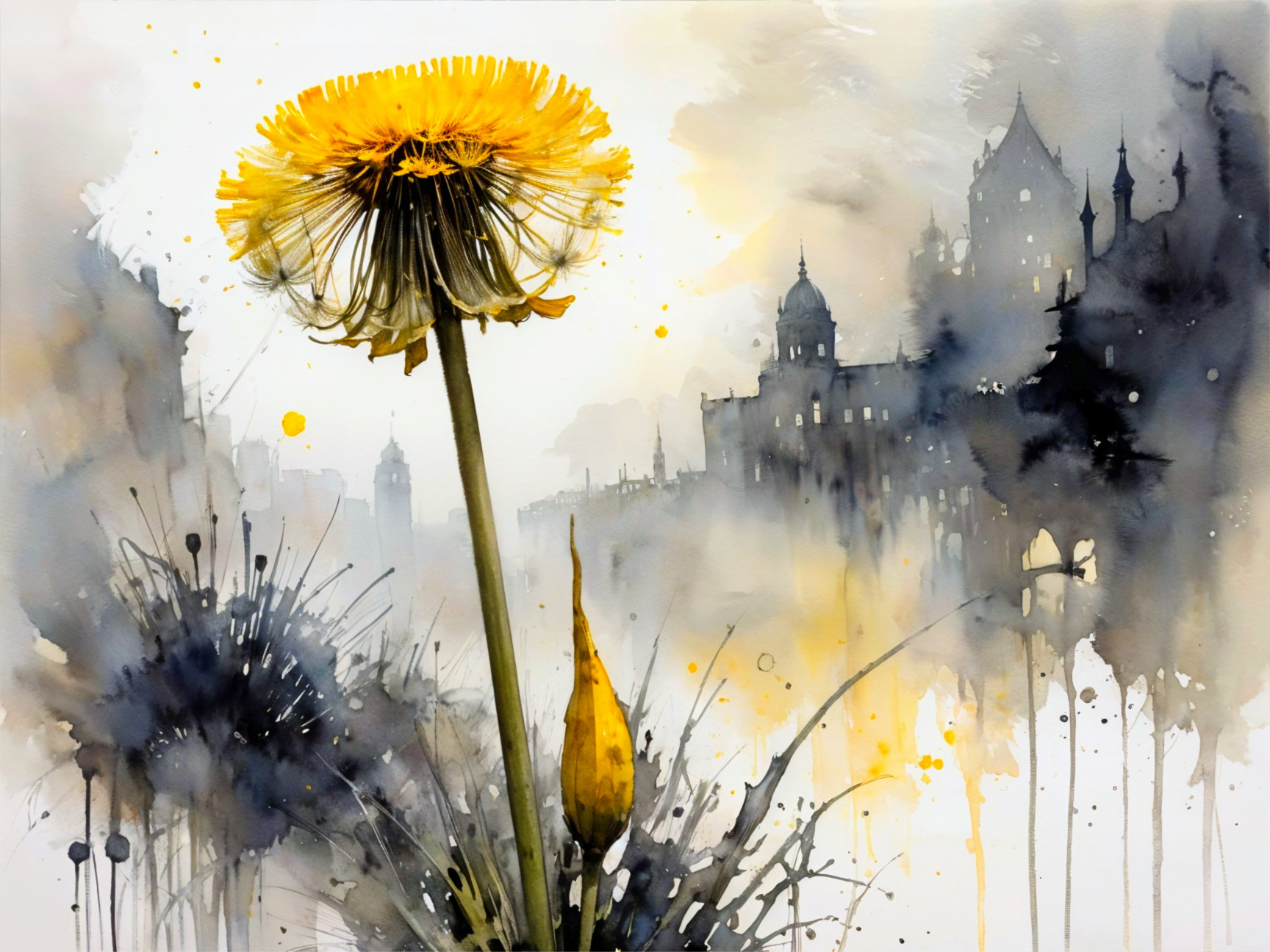 Vibrant Dandelion Against Misty Urban Background