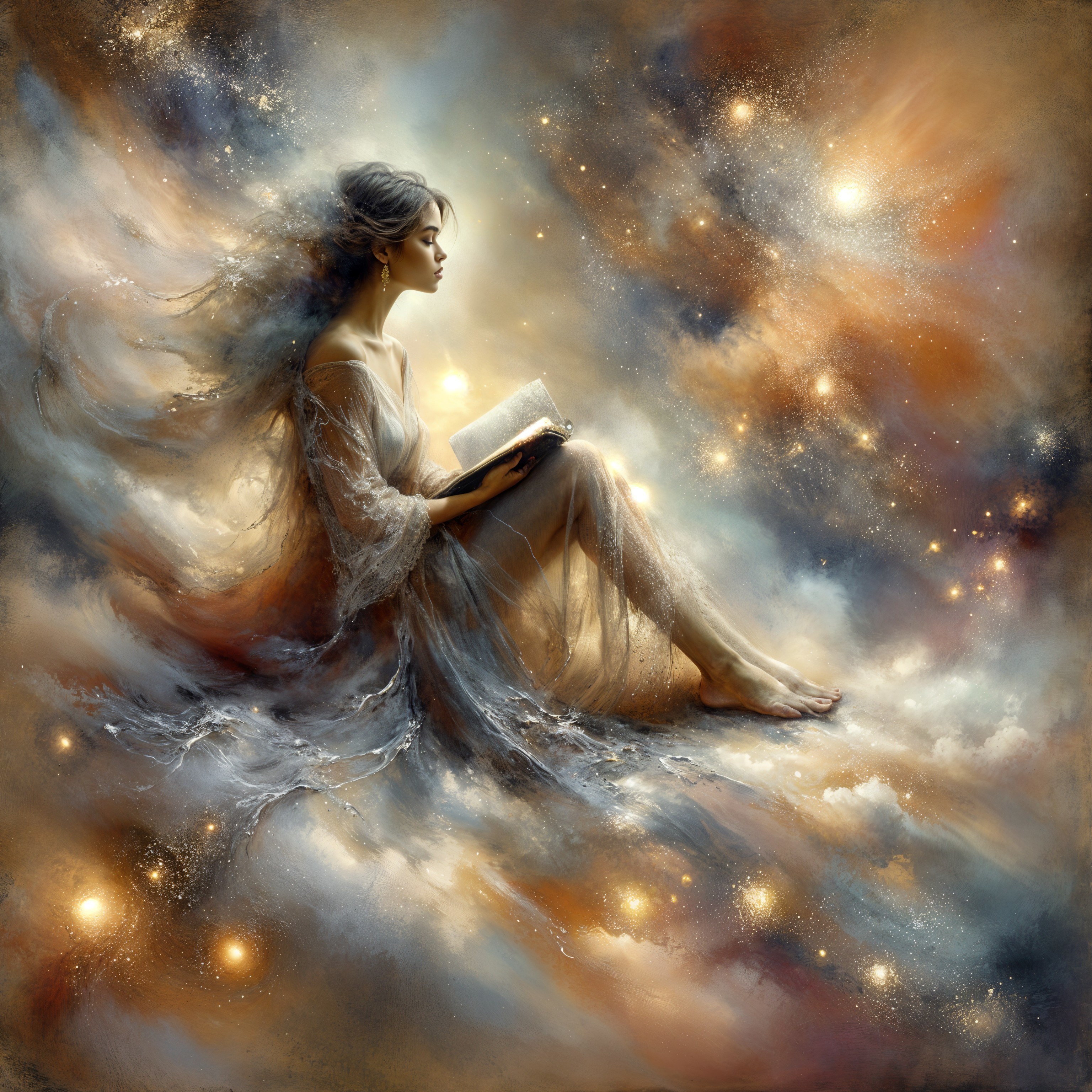 Serene Figure in Cosmic Setting with Open Book