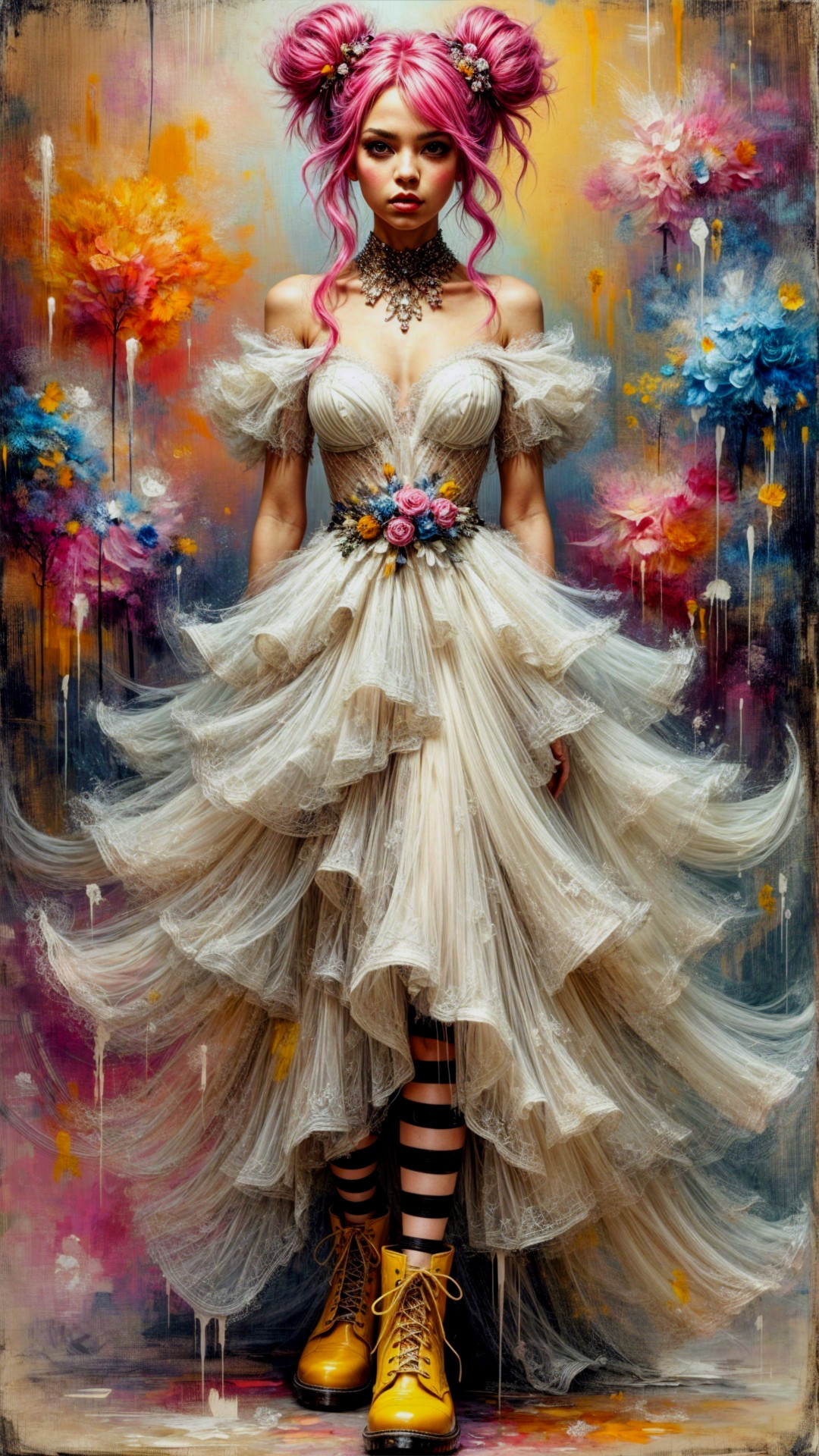 Whimsical Figure in Ruffled Floral Dress and Colorful Setting