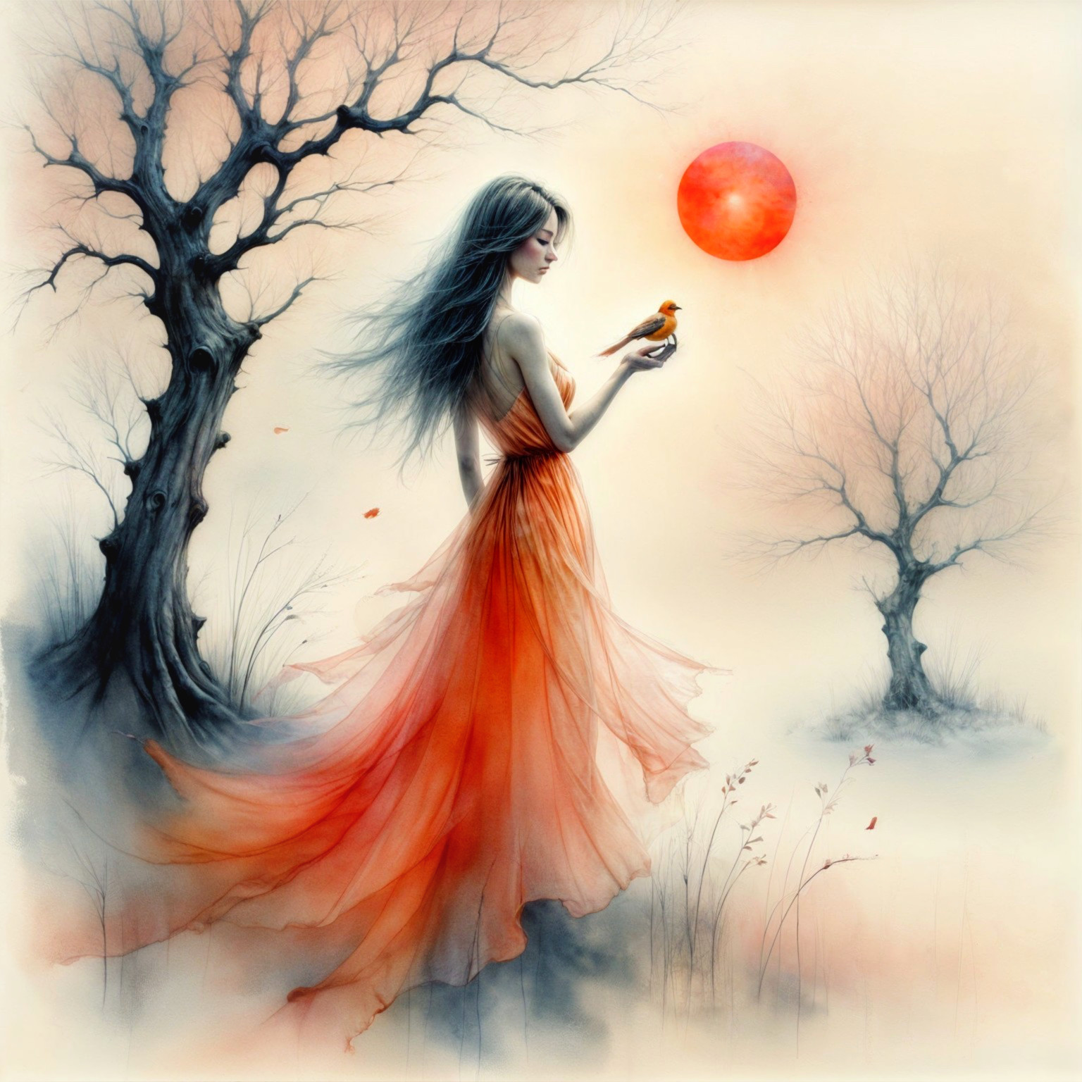 Mystical Scene of Woman with Bird at Sunset