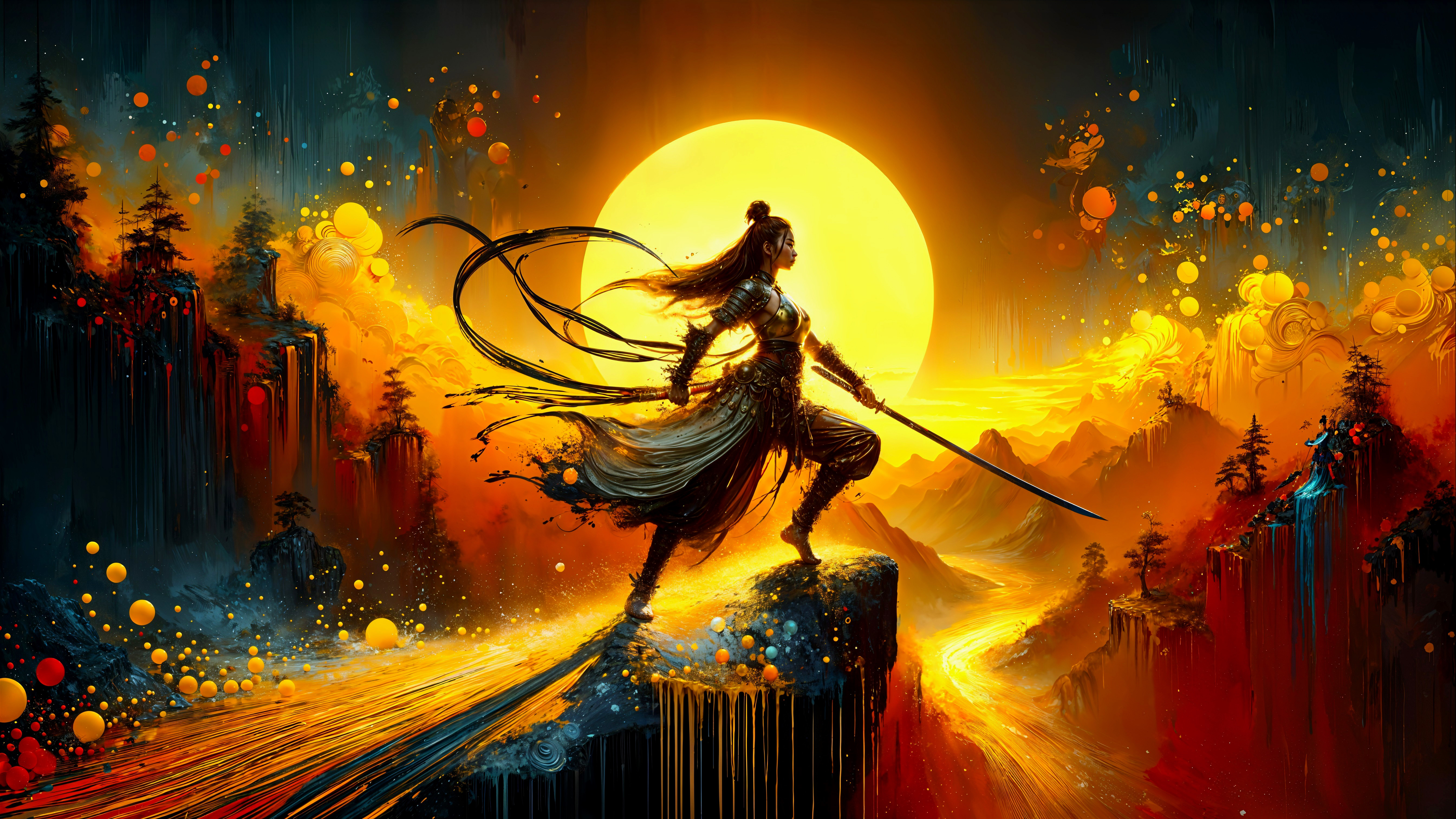 Silhouette of a warrior on a cliff at sunset