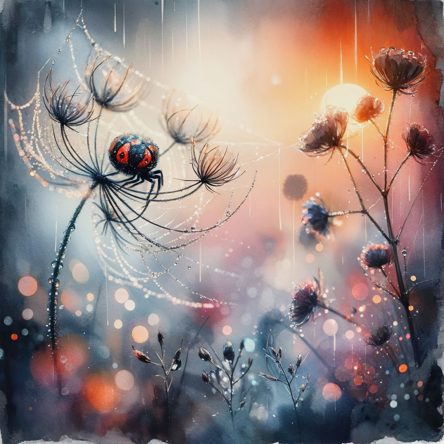 Whimsical Spider on Dewy Silk with Ethereal Flowers