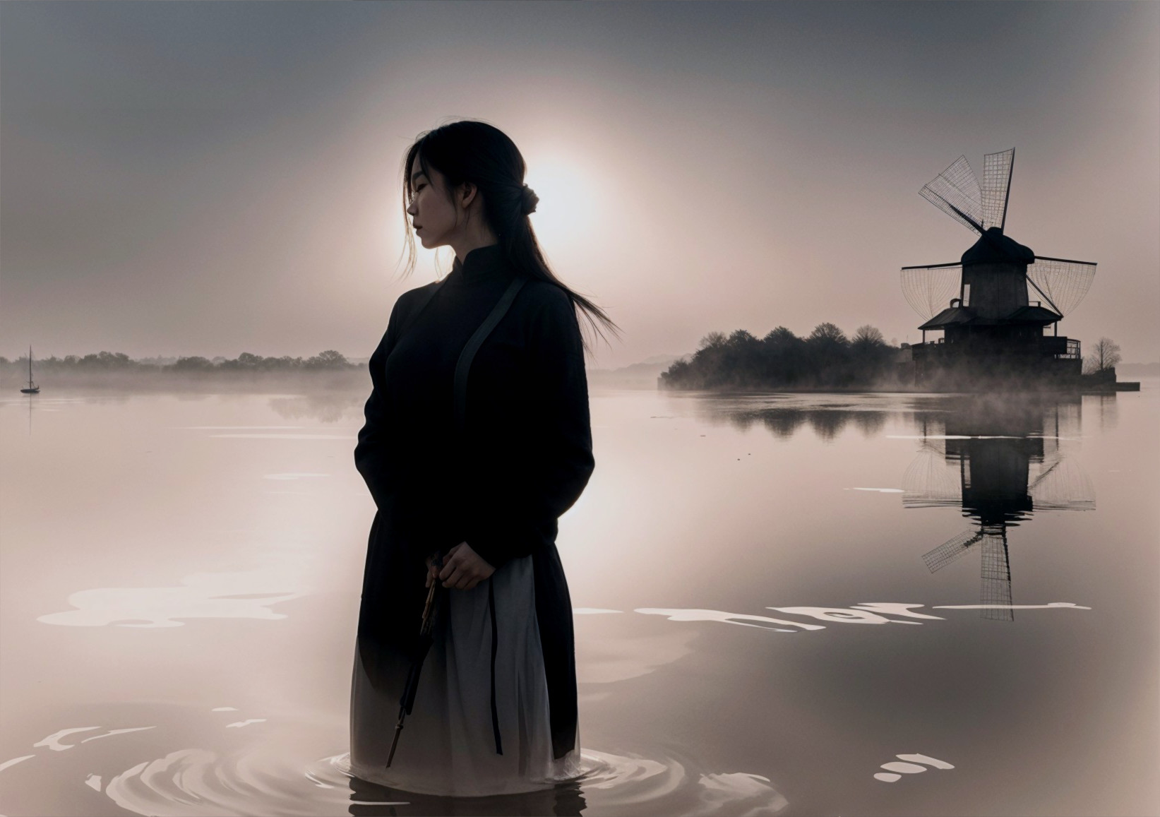 Serene Landscape with Woman in Traditional Dress