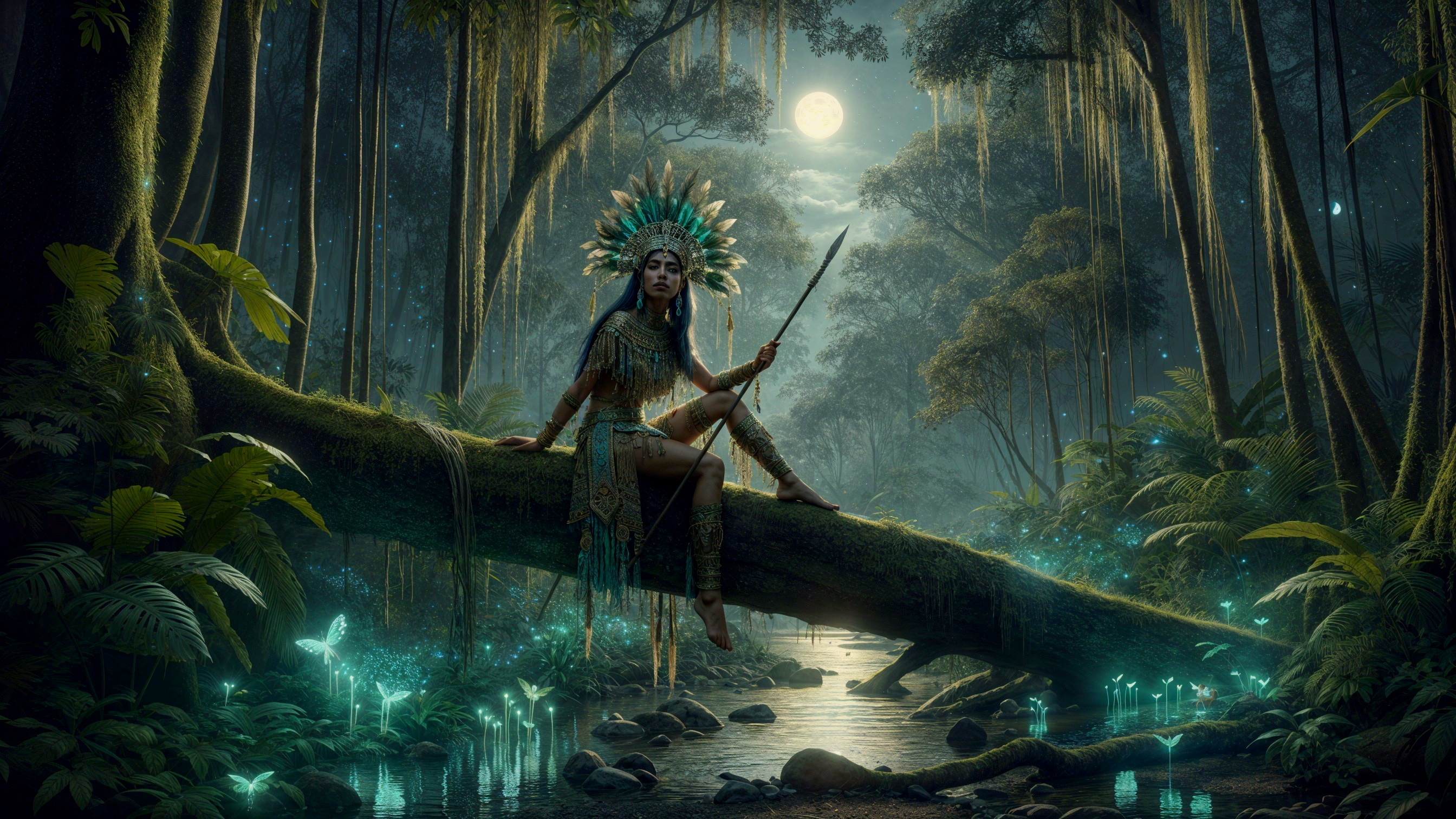 Mystical Forest Scene with Tribal Figure and Glow