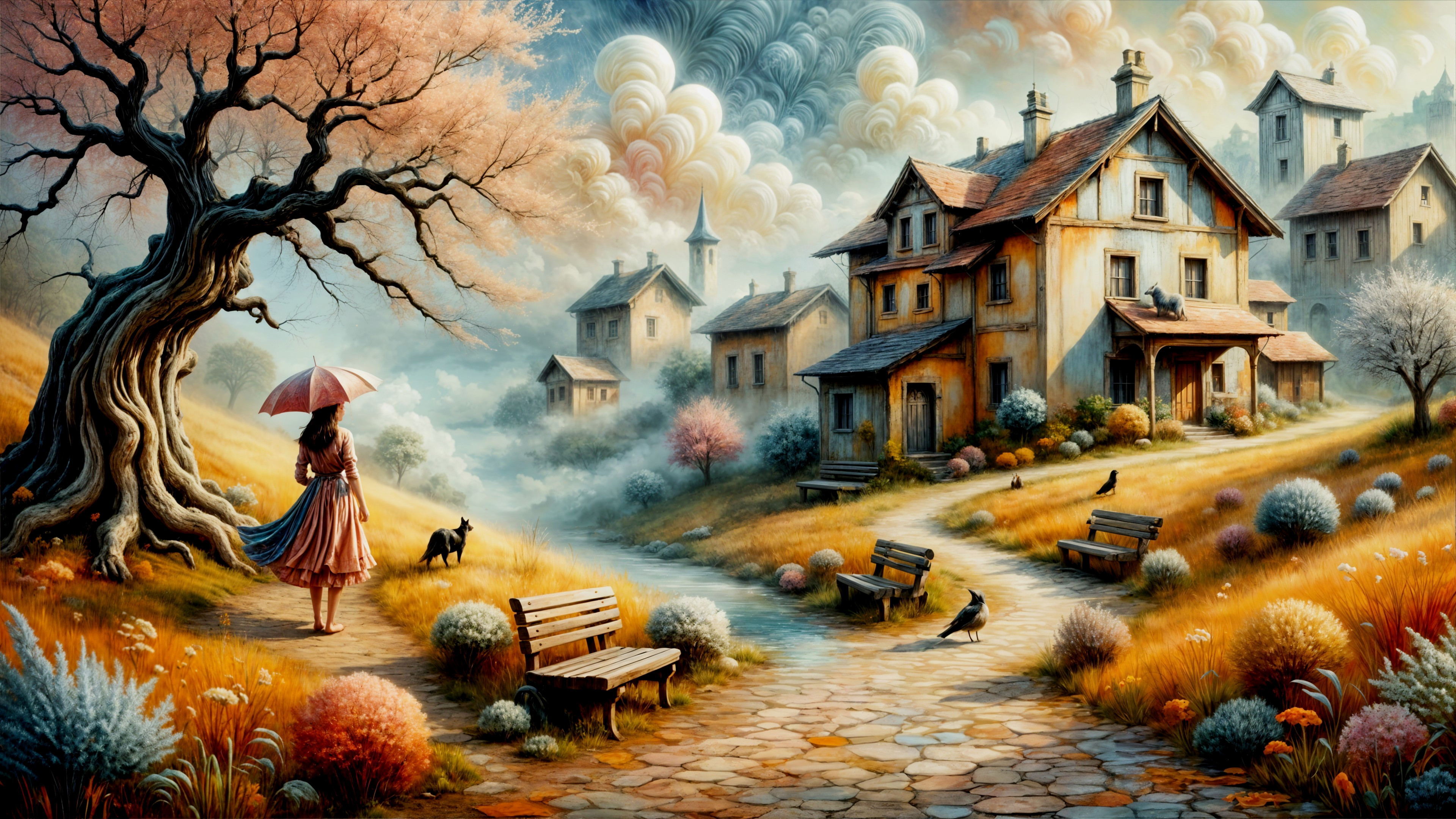 Serene Landscape with Girl in Pink Dress and Umbrella