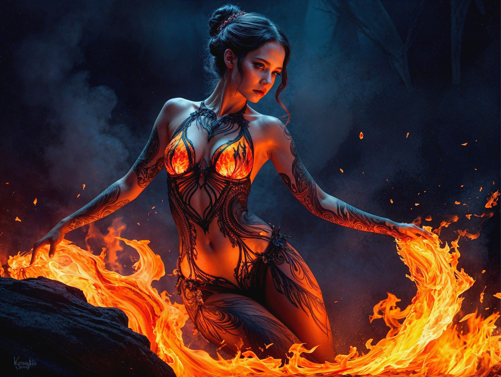 Woman Surrounded by Flames with Intricate Body Art