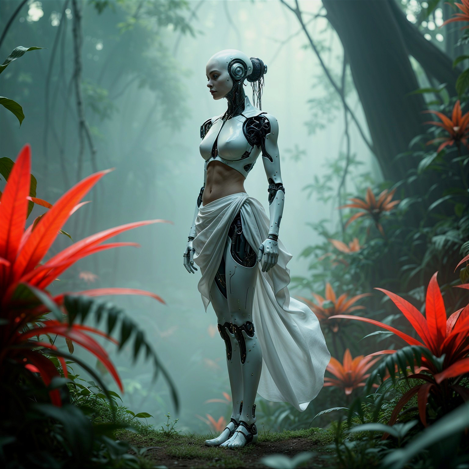 Humanoid Robot in Lush Jungle with Artistic Design
