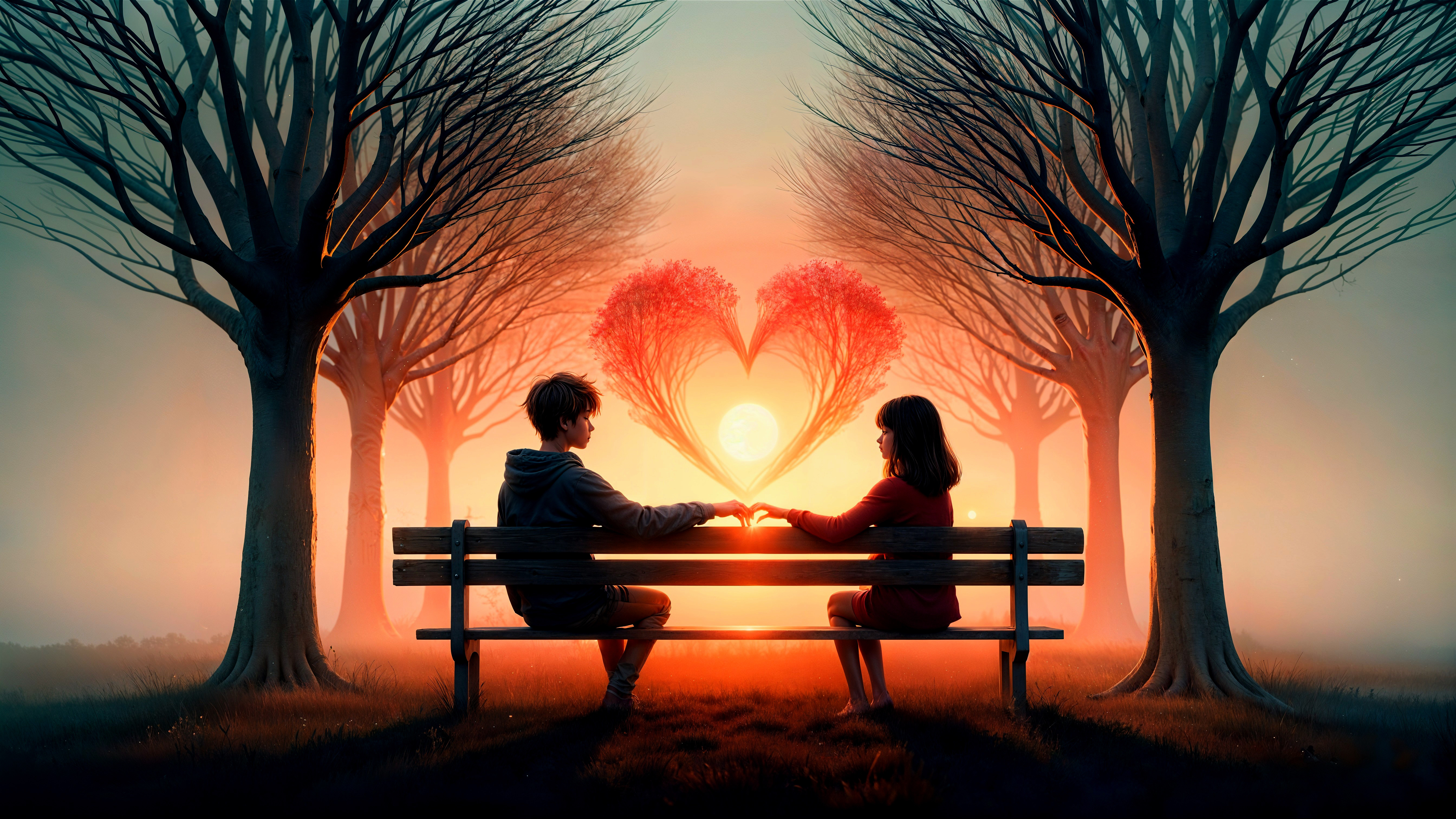Serene Sunset Over Romantic Park Scene with Heart Shape