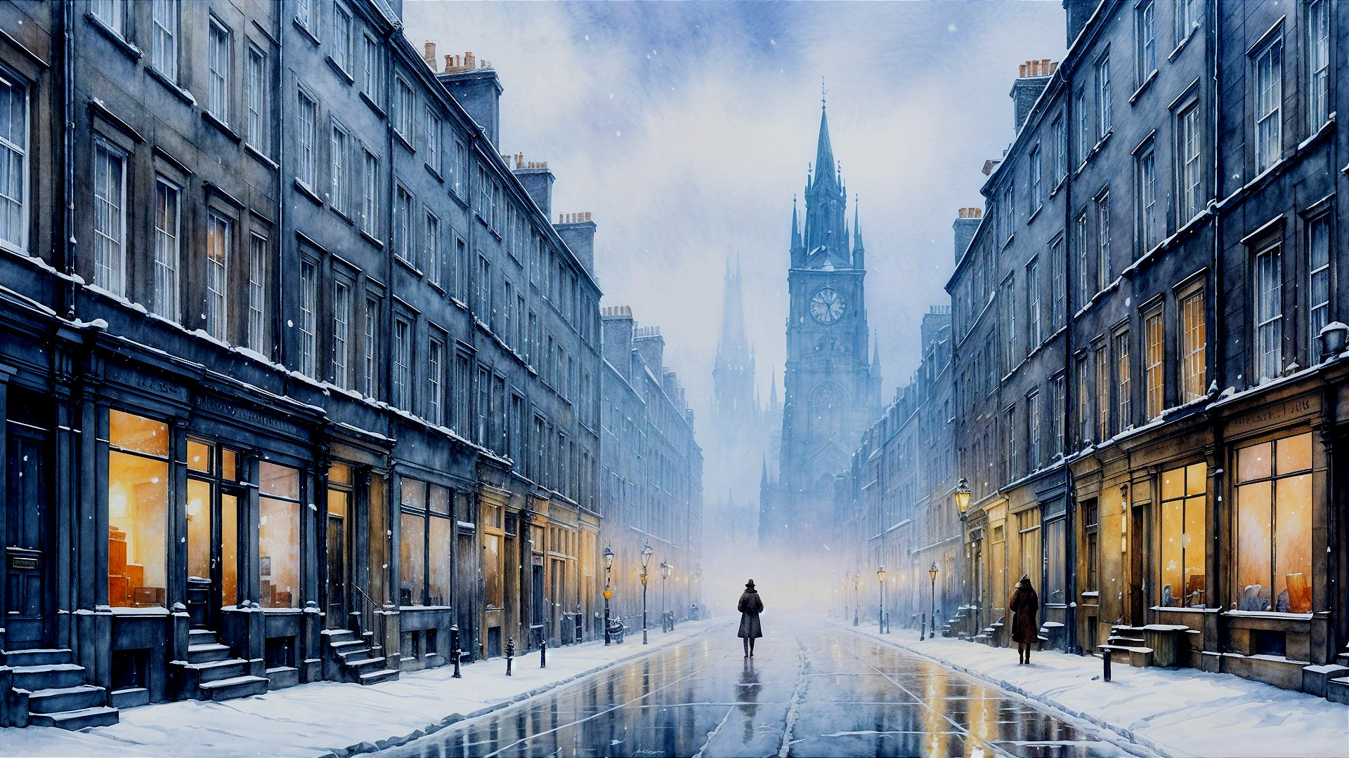 Winter Cityscape with Snow and Clock Tower View