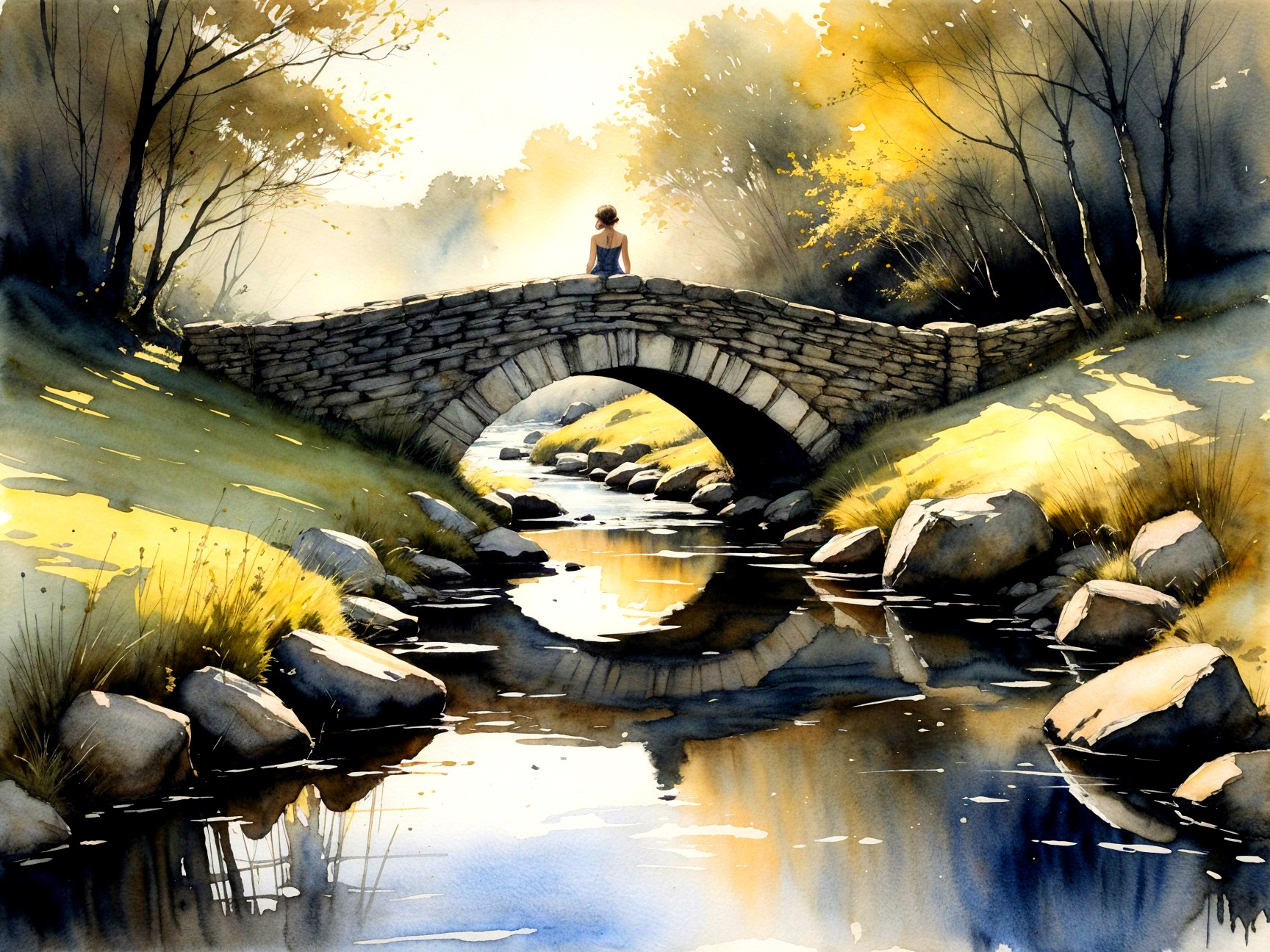Watercolor Landscape with Bridge Over Gentle River