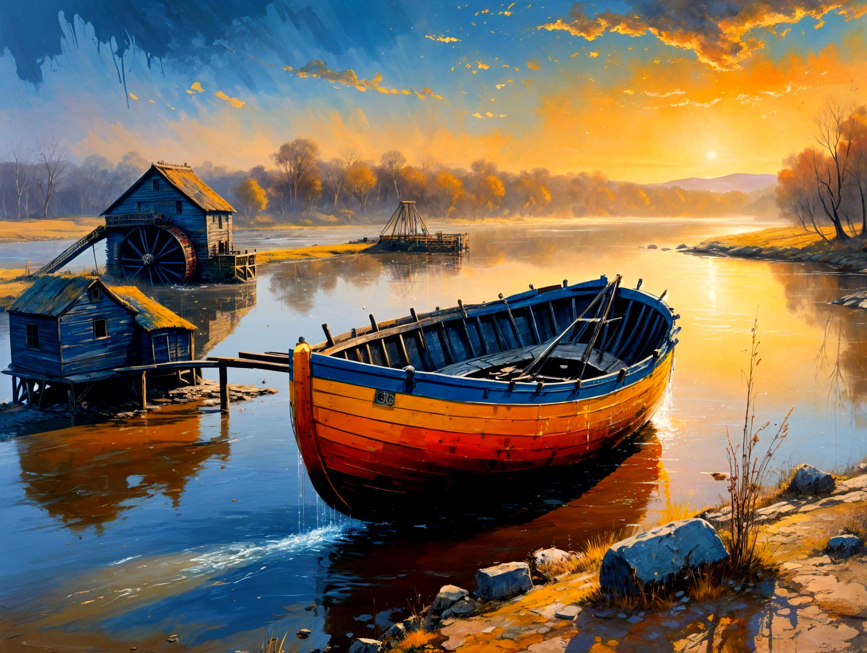 Serene Sunset Landscape with River and Rustic Cabin