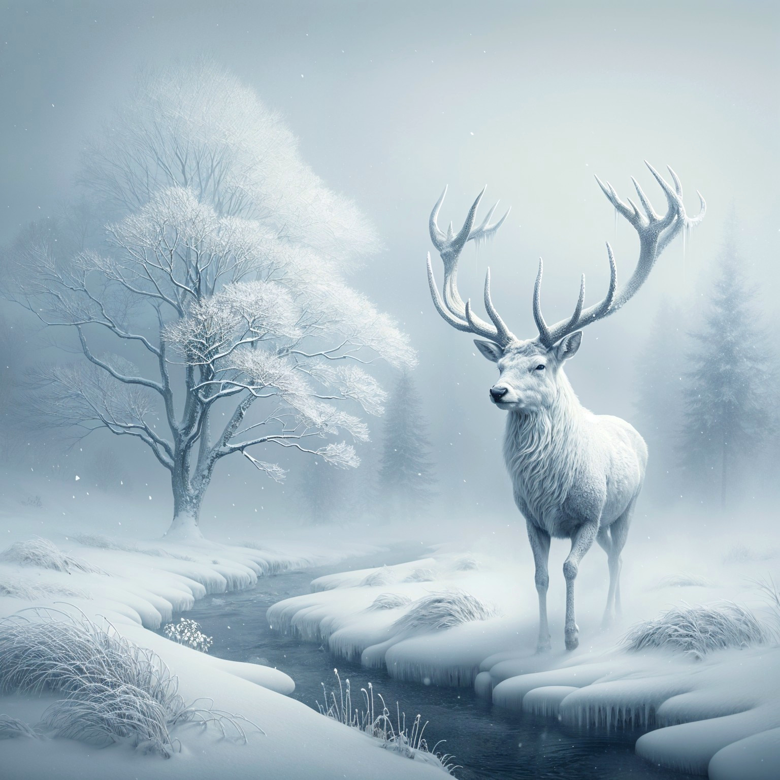 Majestic white stag in serene snowy landscape