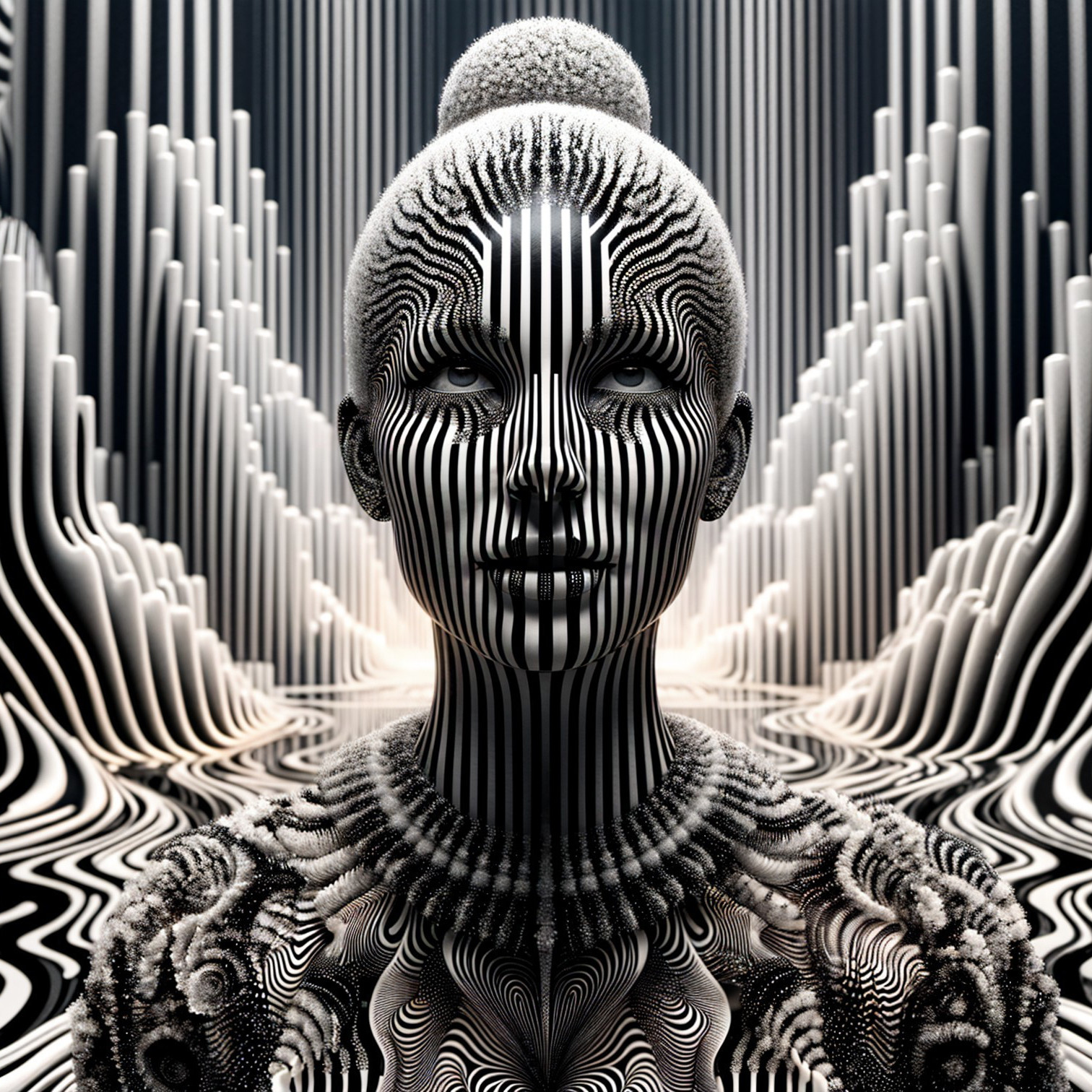 Surreal Artwork with Striped Figure in Abstract Landscape