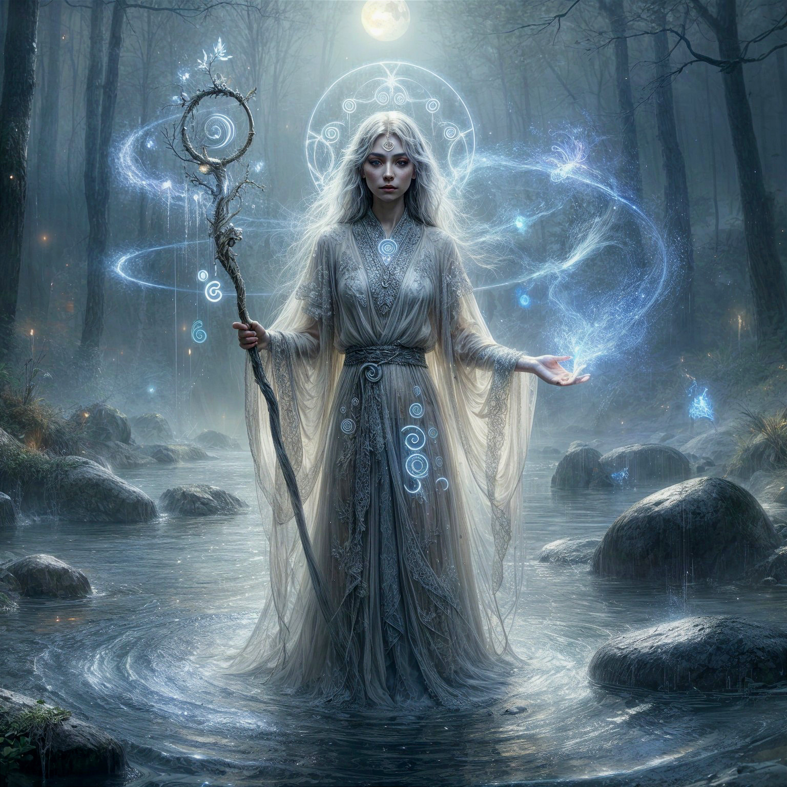 Mystical figure in a serene forest glade with mist