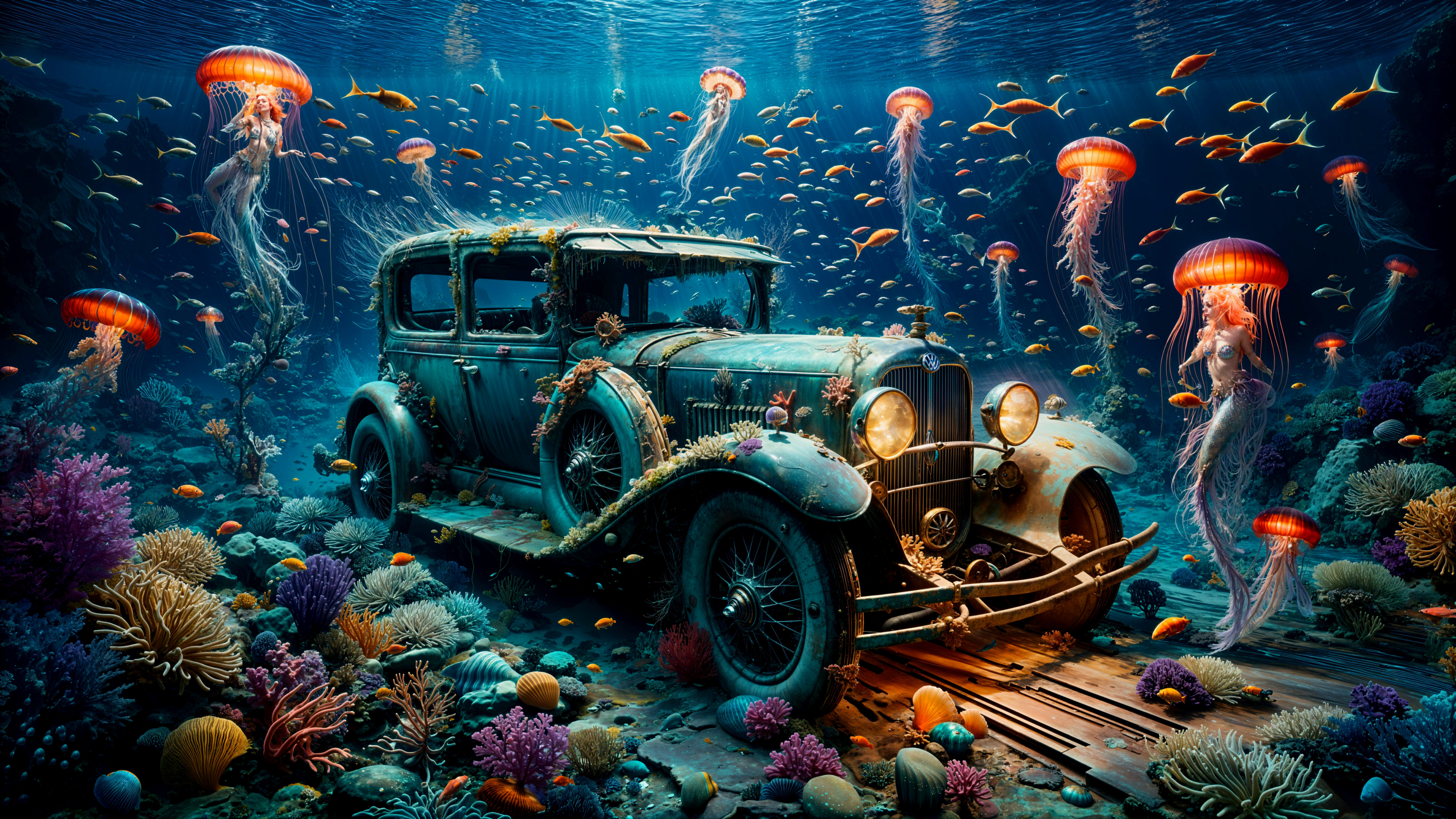 Old Car on Ocean Floor Surrounded by Coral Reefs