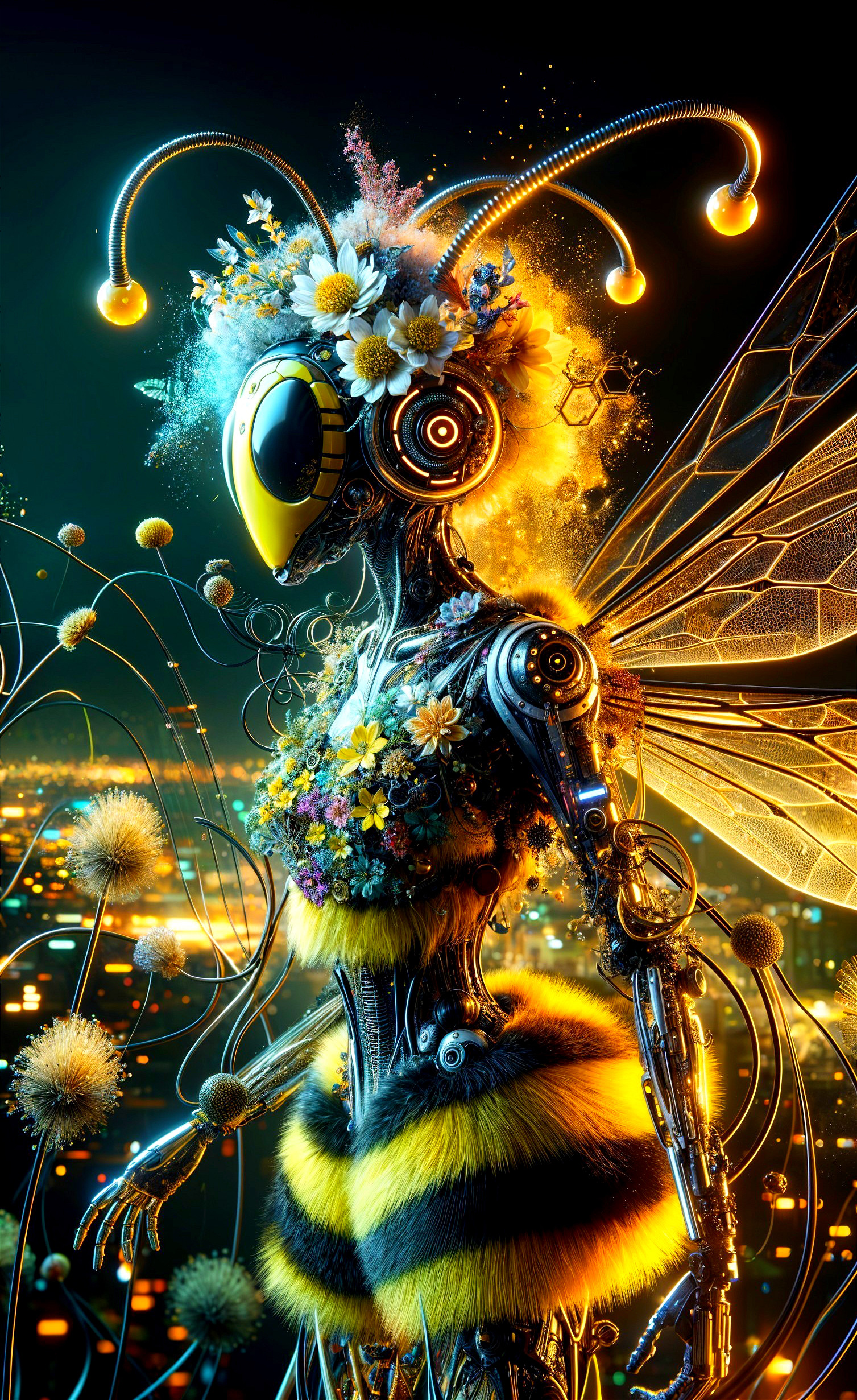Futuristic Robotic Bee in Vibrant Cityscape Setting