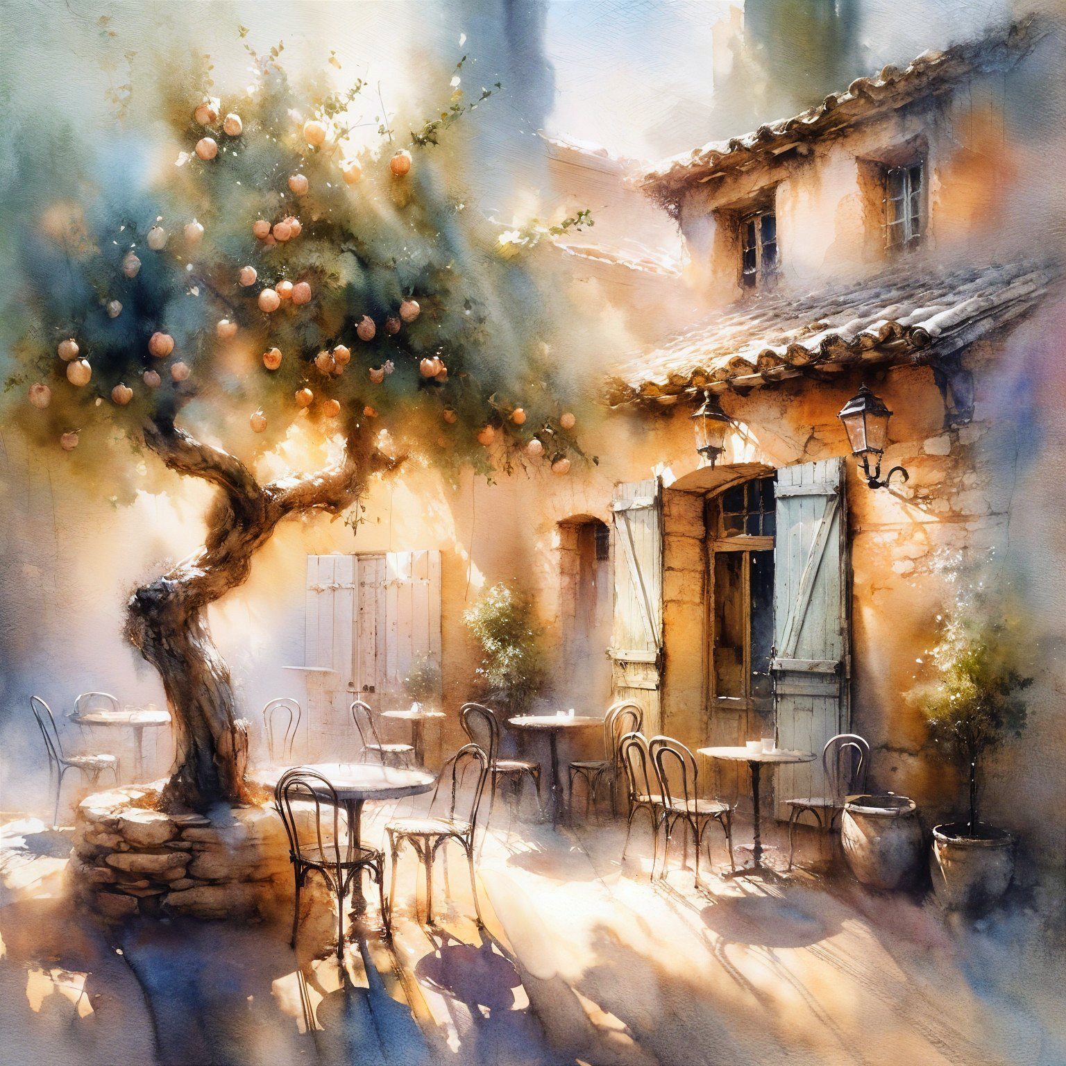Charming Sunlit Café Scene in Quaint Village