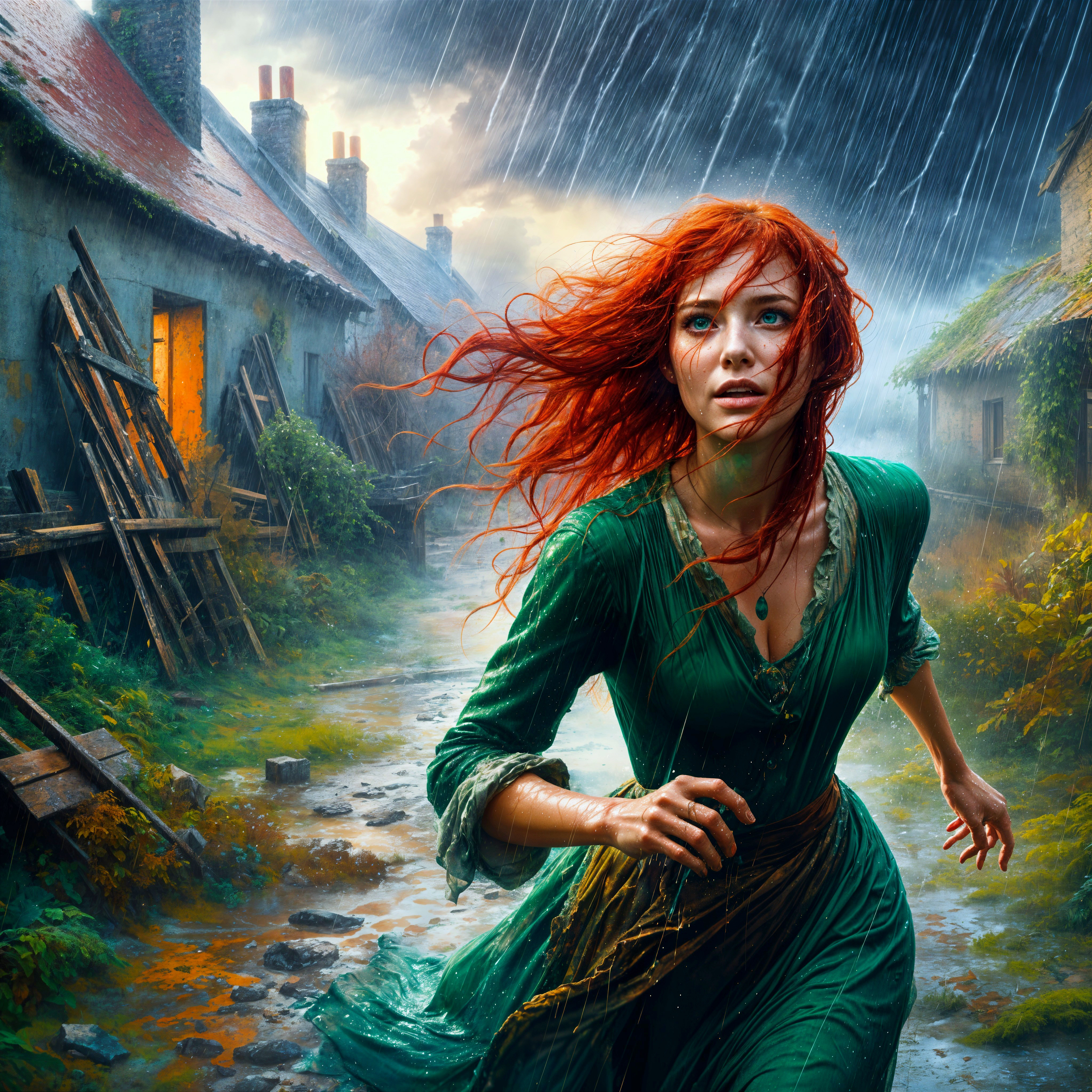 Woman in green gown runs through rain-soaked village