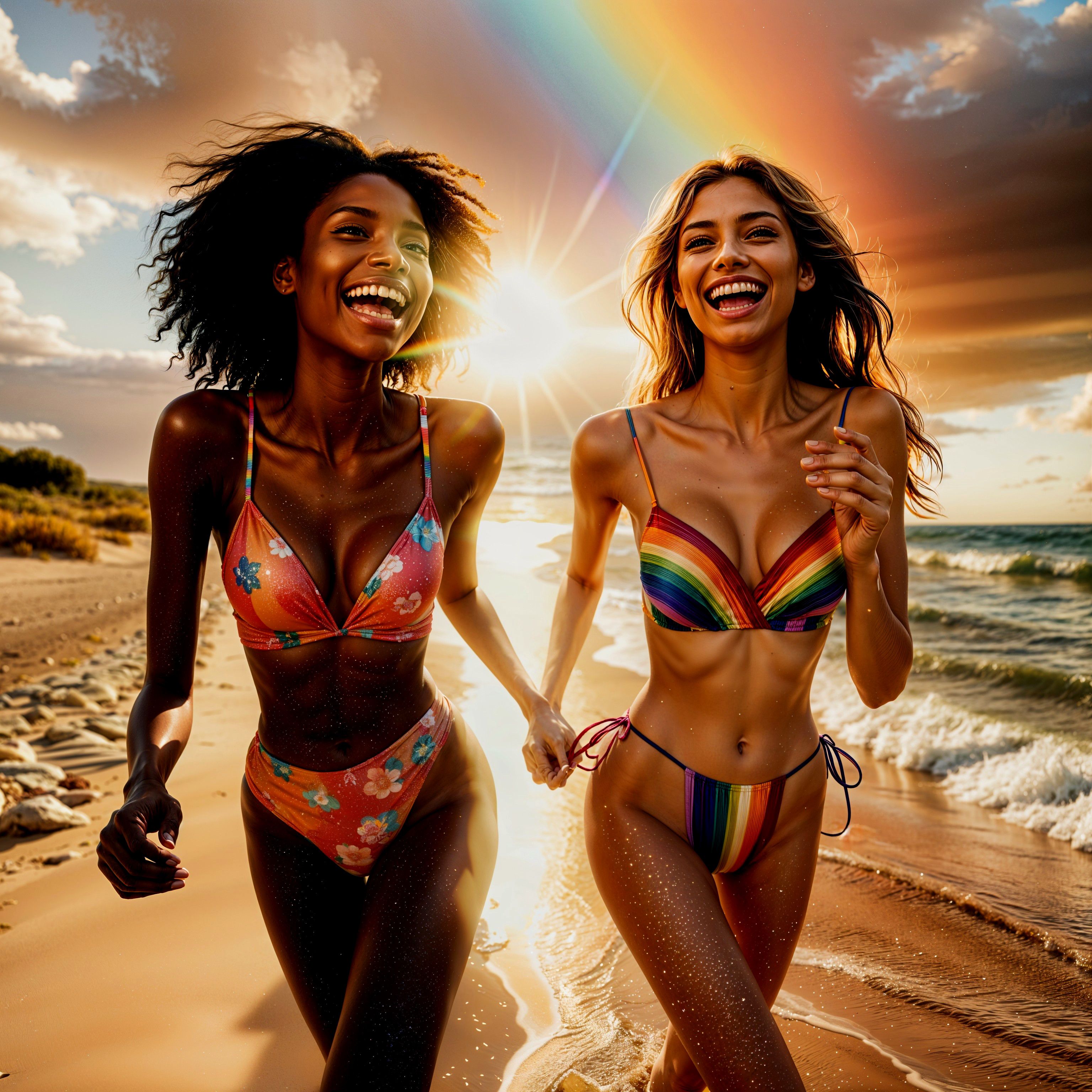 Friends Running on Beach at Sunset with Rainbow