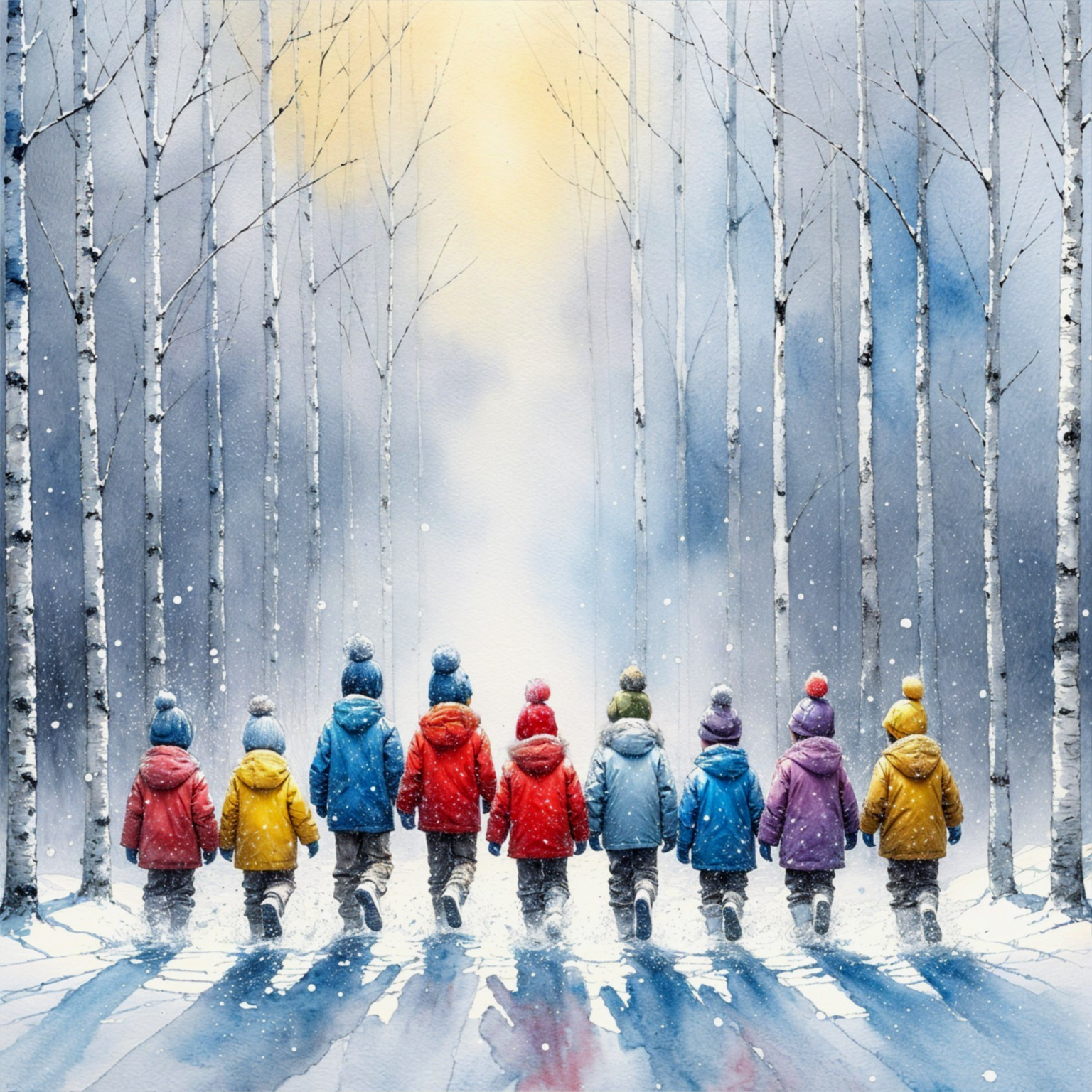 Children in Colorful Coats in Snowy Landscape