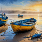Tranquil Waterfront Scene at Dawn with Colorful Boats