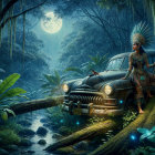 Moonlit Forest Scene with Vintage Car and Snow